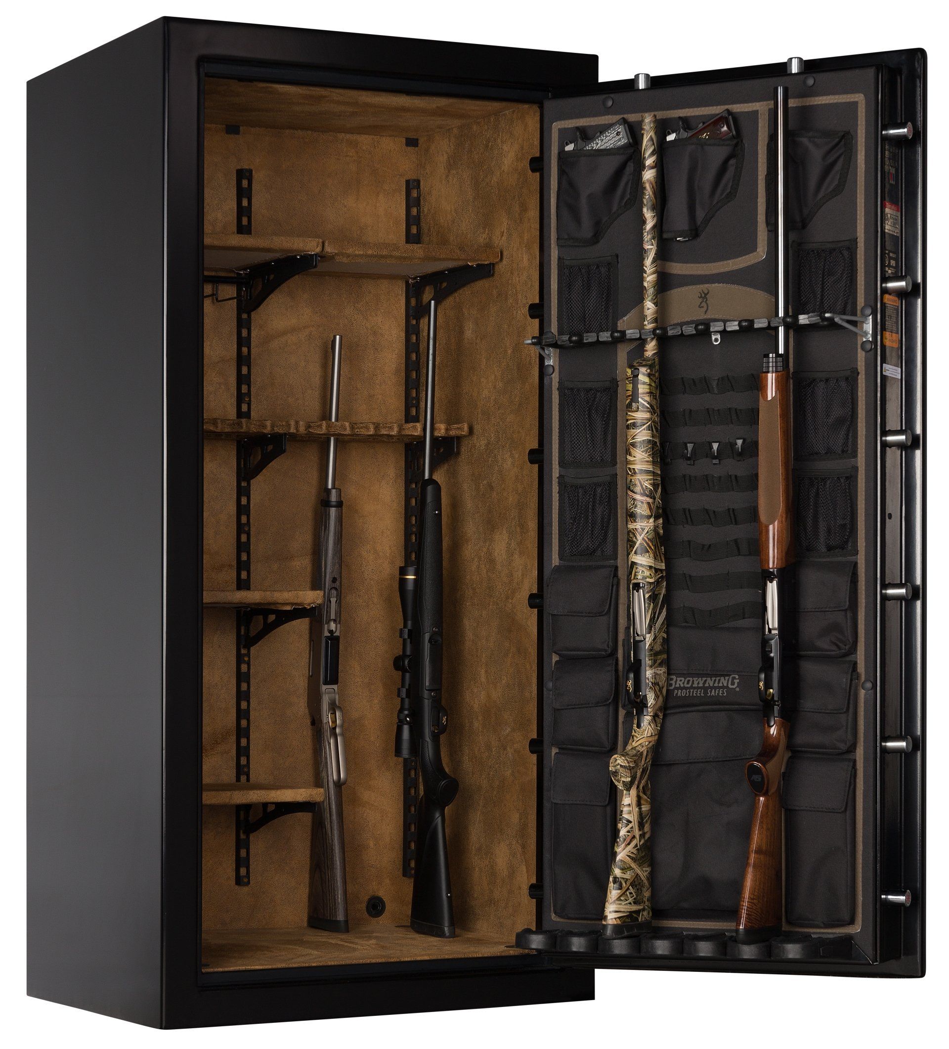 A black gun safe with the door open, revealing rifles stored inside. The interior has brown and tan accents.