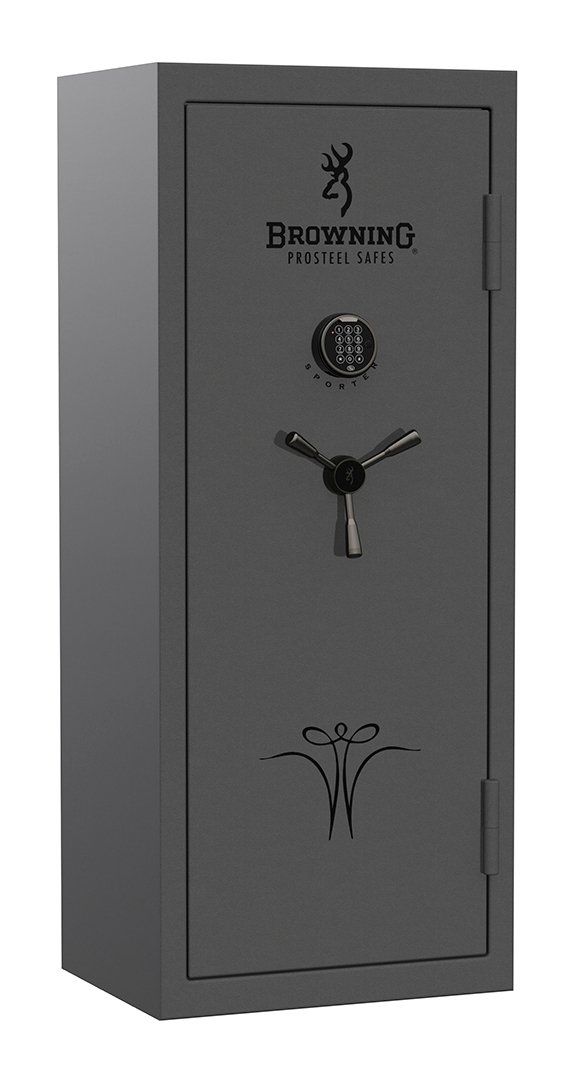 Gray Browning gun safe with the brand logo on the door. The safe is closed with a combination lock.