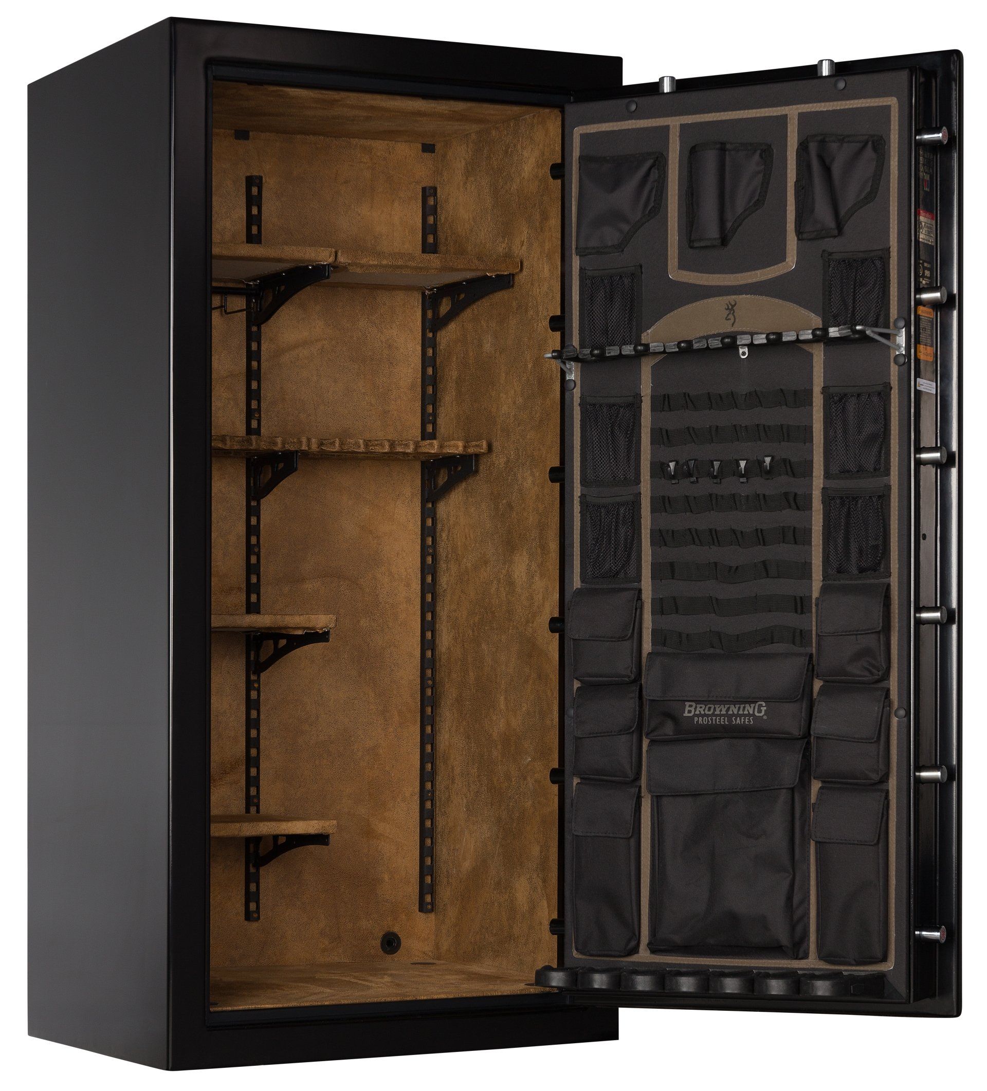 A dark gun safe with the door open, revealing shelves on the left and storage compartments on the door.