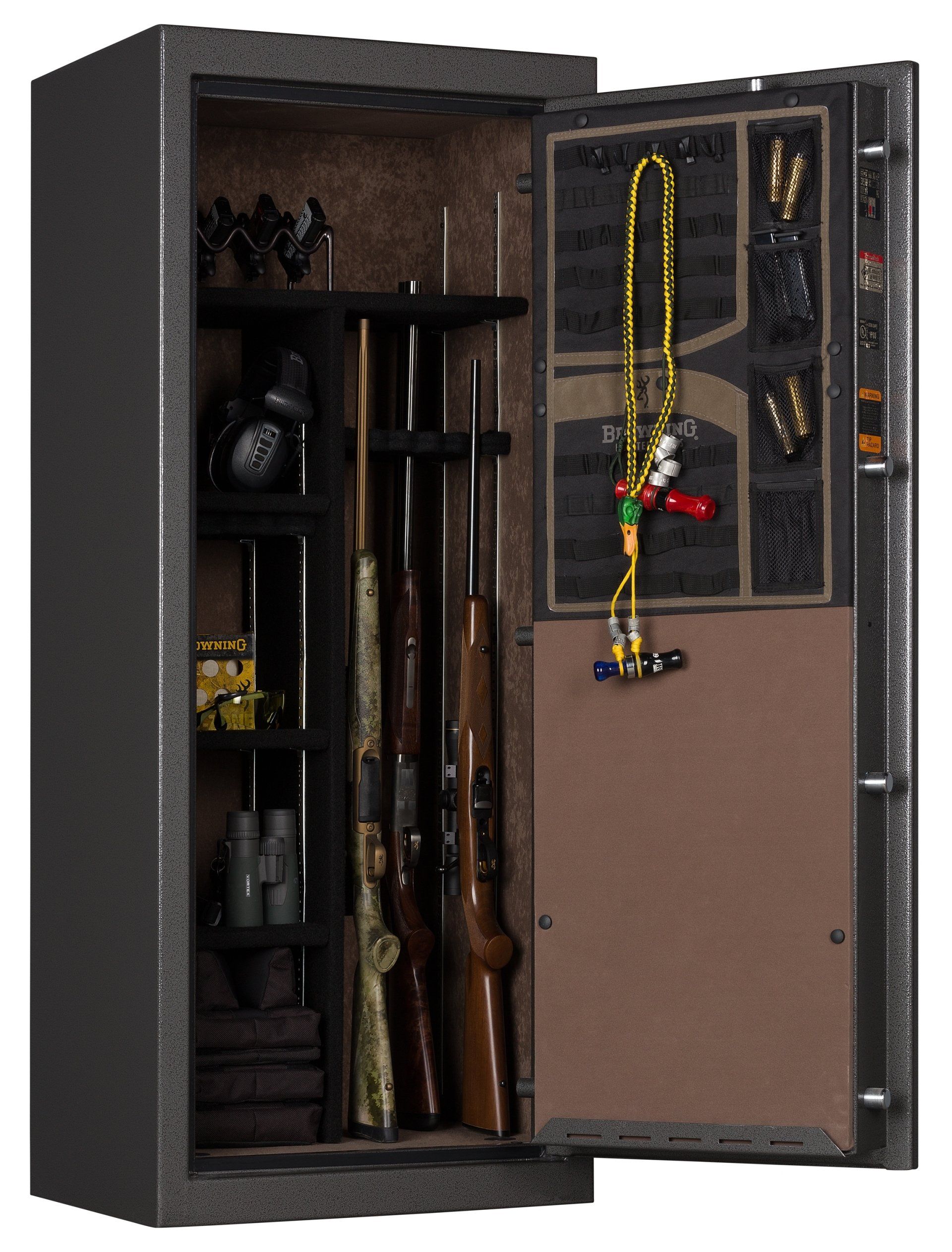 Open gun safe with rifles, shelves, and jewelry hanging. Brown interior, gray exterior.
