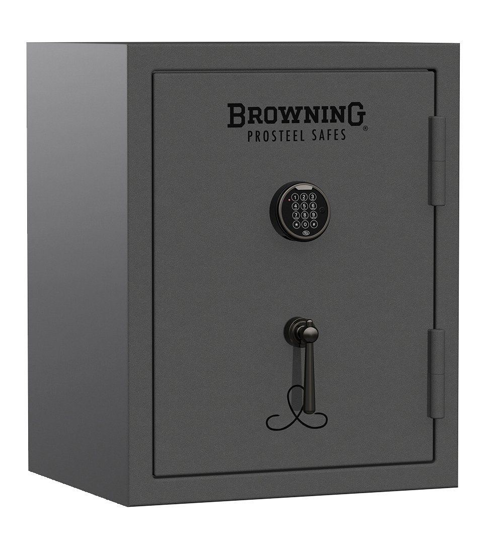 Gray Browning gun safe with a combination lock and handle.