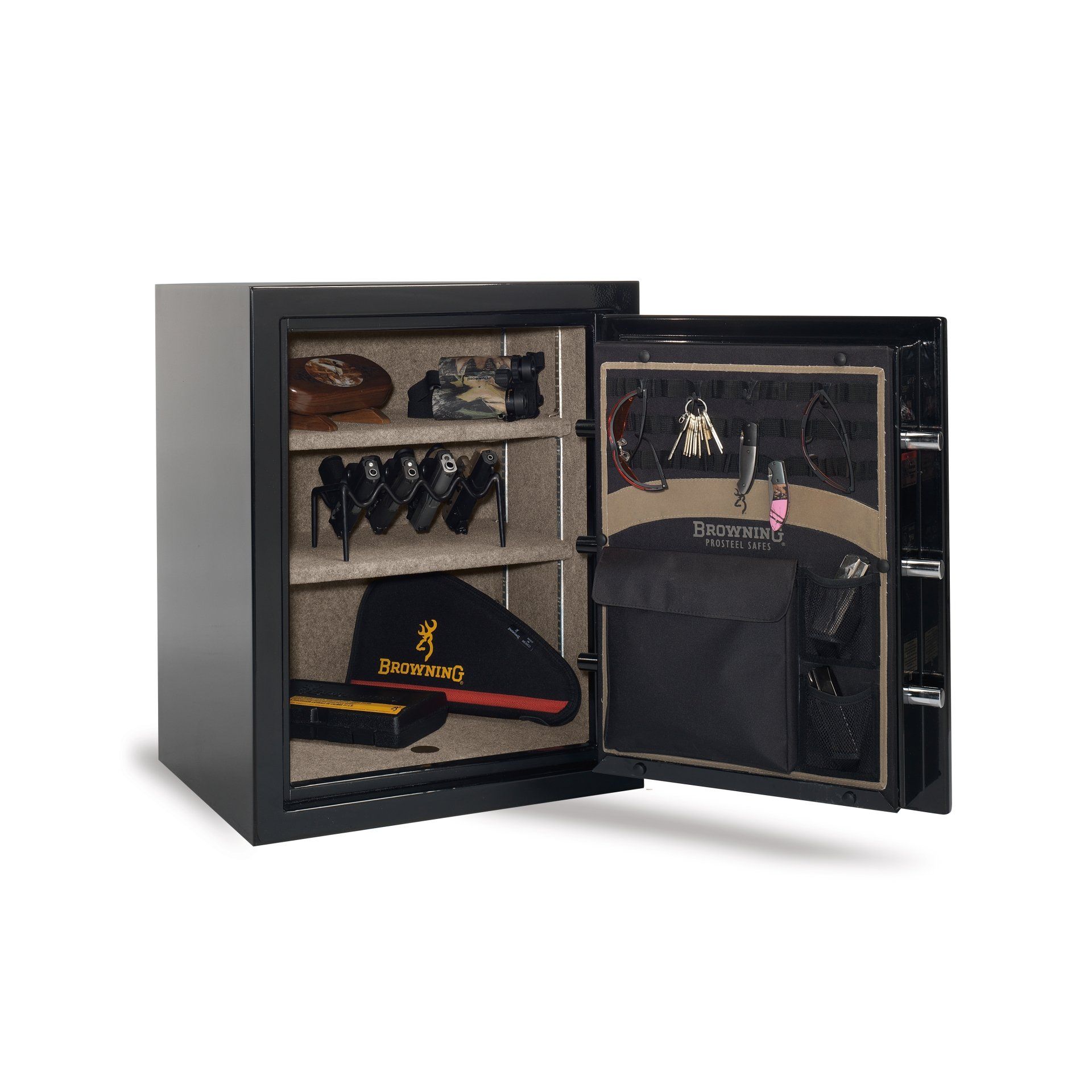 Black gun safe with the door open, revealing guns and accessories inside. The interior is tan, and the door is also tan.
