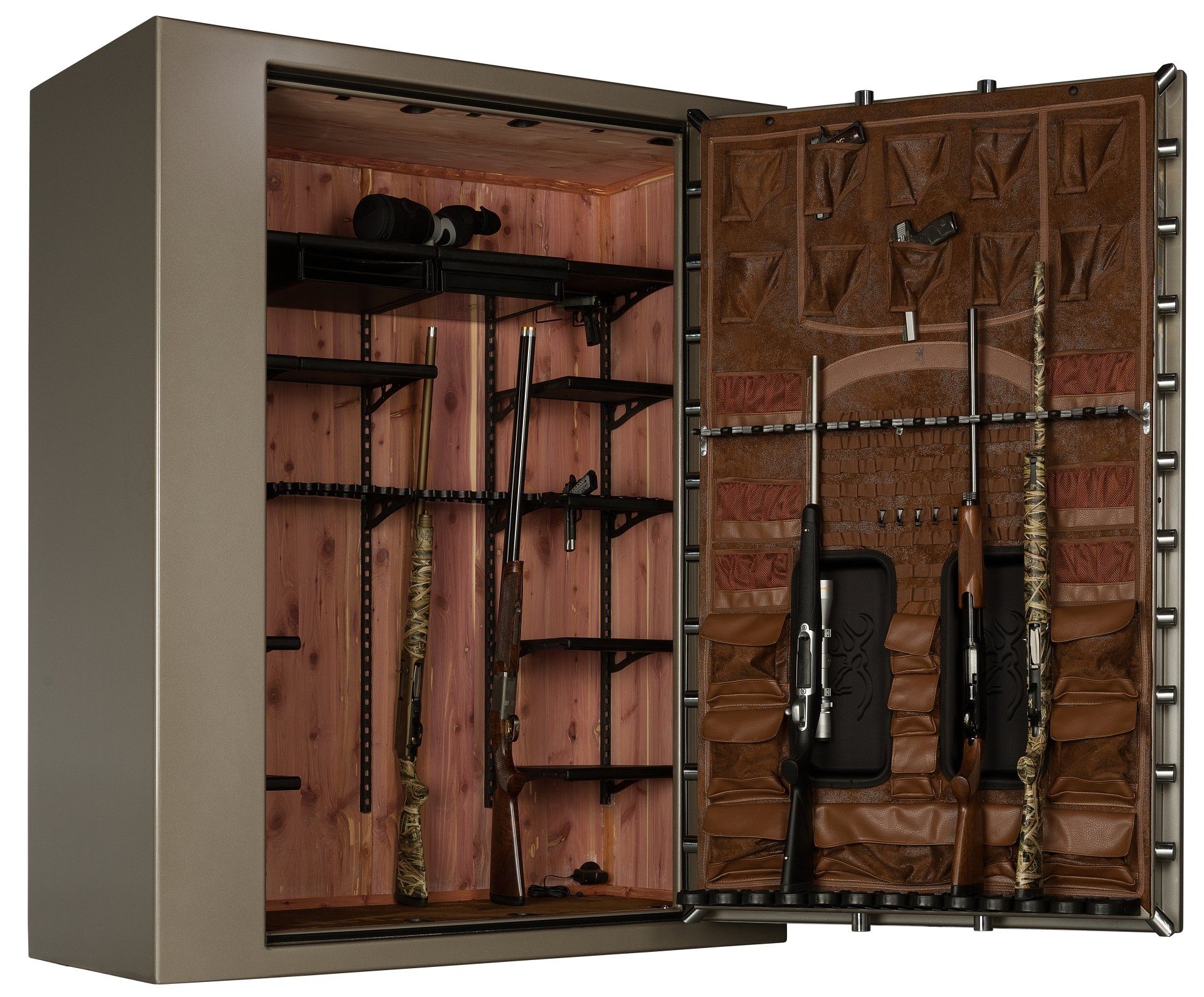A gun safe with its door open, revealing stored rifles and shelving inside. The interior is lined with wood.