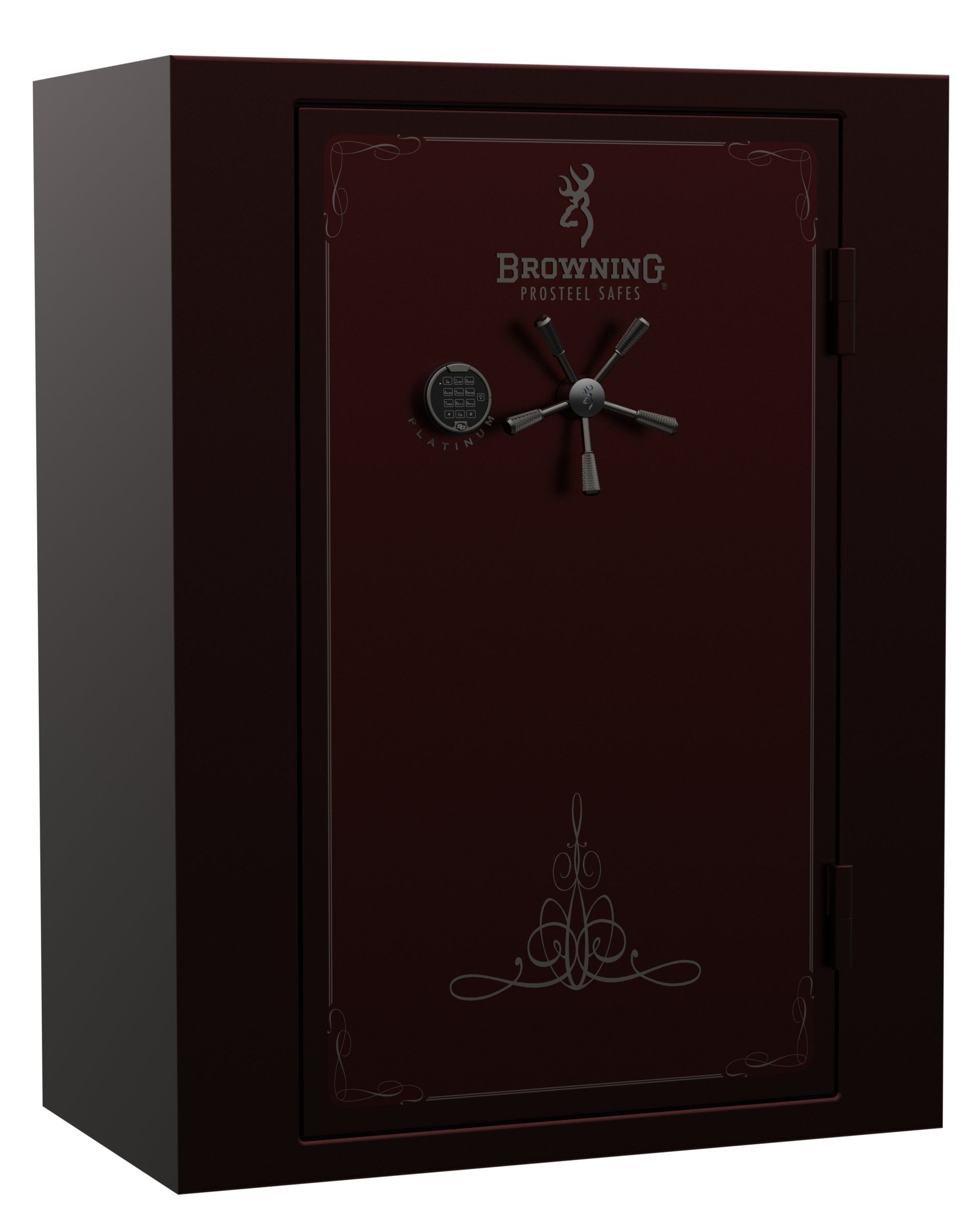 Dark brown gun safe with a silver dial, handle, and decorative trim. The Browning logo is visible.