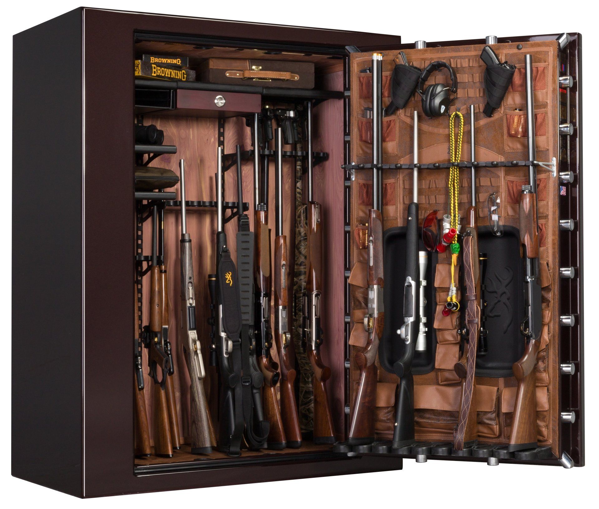 A gun safe with the door open, revealing multiple rifles and storage compartments in a brown interior.