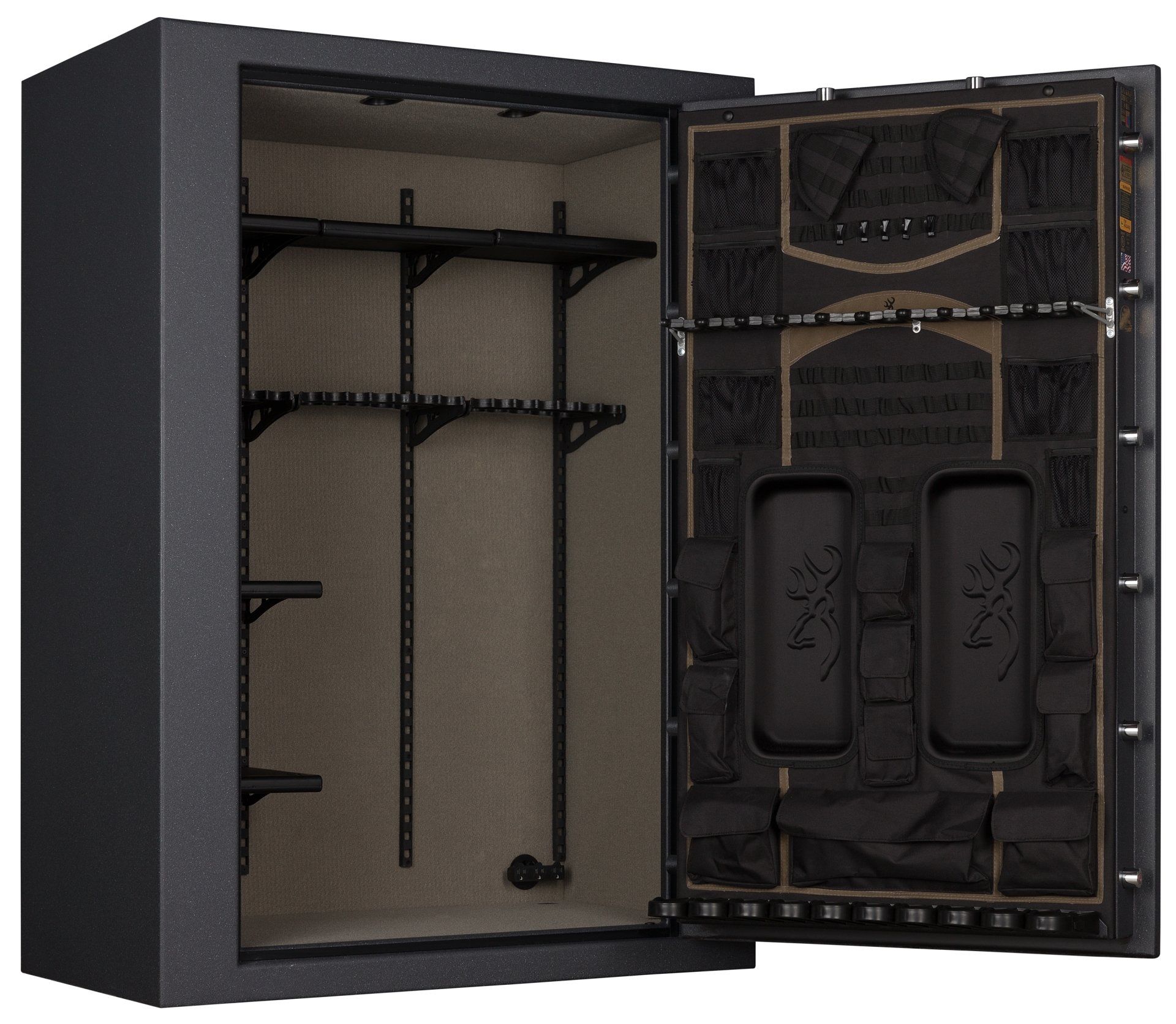 Open gun safe, dark grey exterior, tan interior, organized shelves for rifles on left, storage pockets on door.