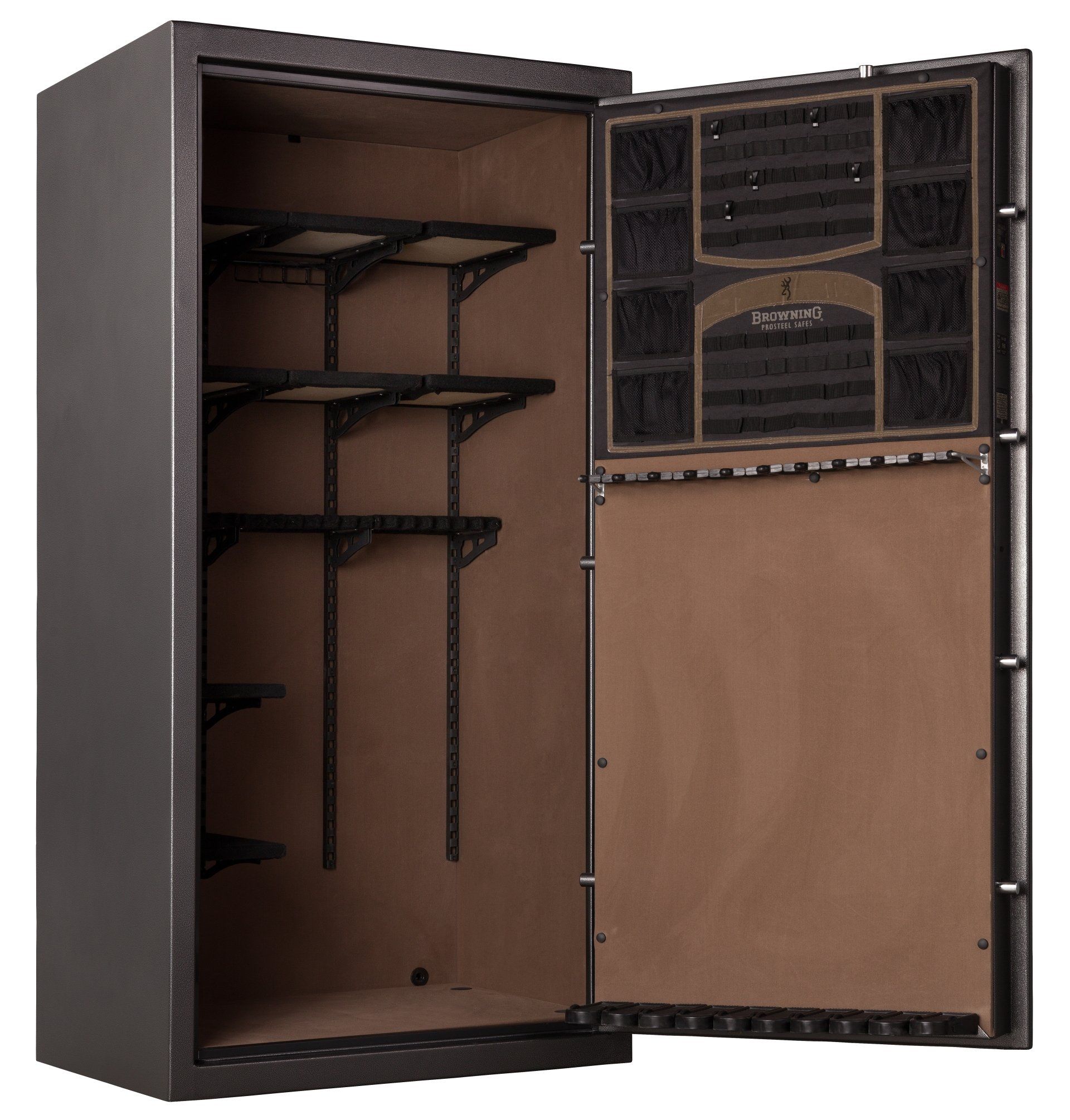 An open dark gray gun safe, showing shelves and the door's interior with storage for firearms and accessories.