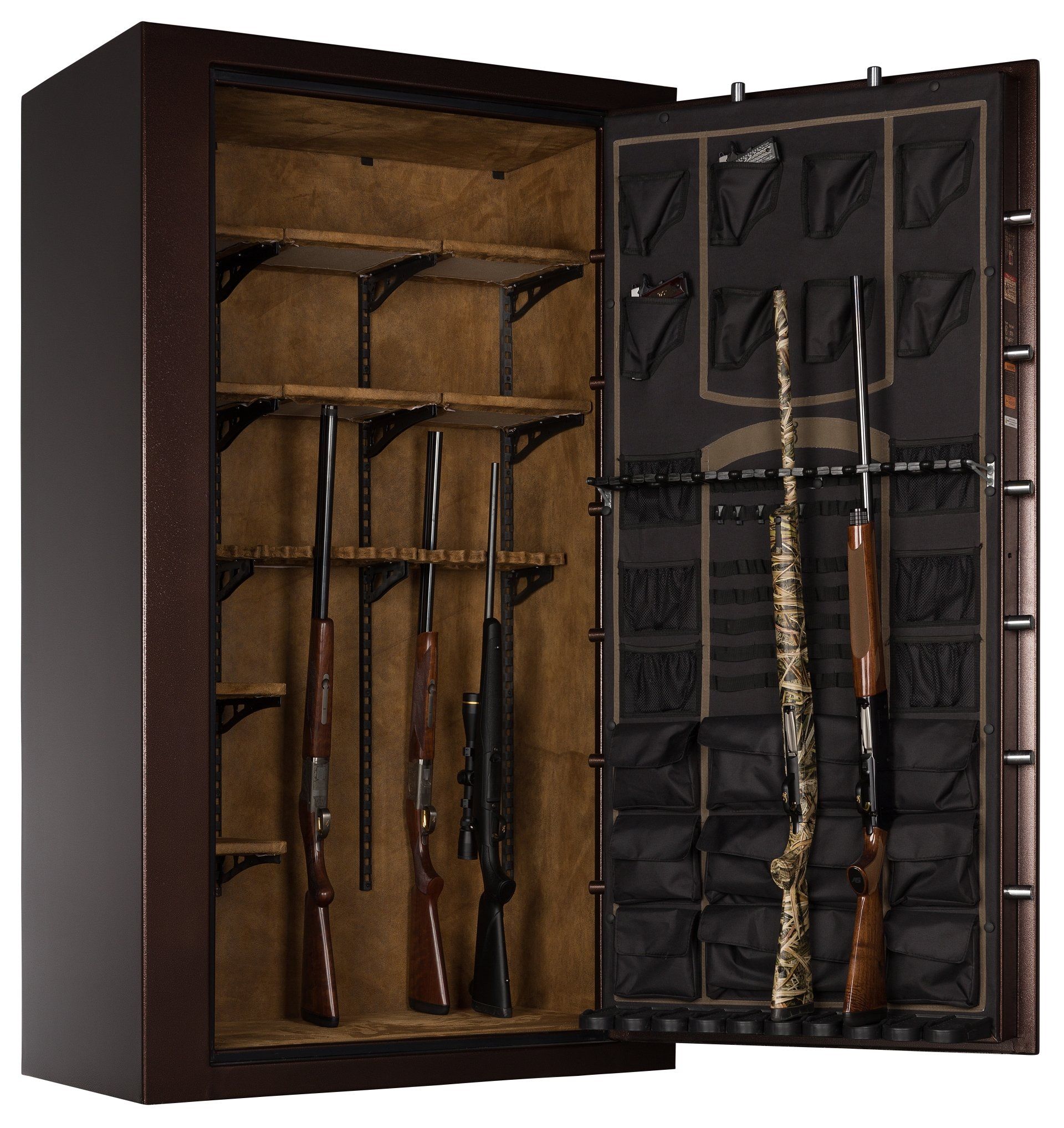 A large brown gun safe with its door open, displaying rifles and storage compartments. The interior is tan and black.