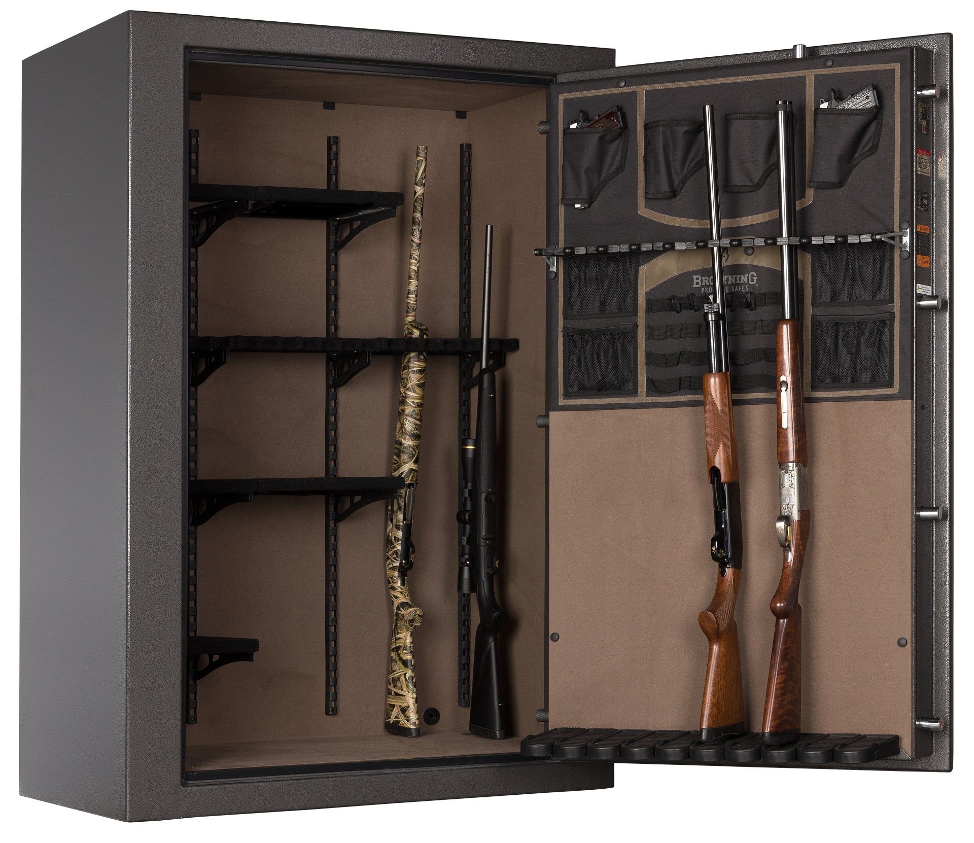 Open gun safe with rifles and shotguns, featuring shelves on one side and gun racks on the door.