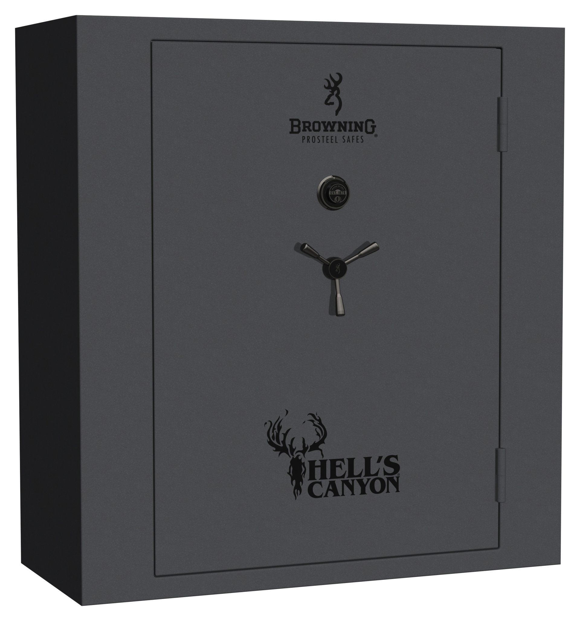 Dark gray Browning gun safe with a combination lock and handle, featuring the