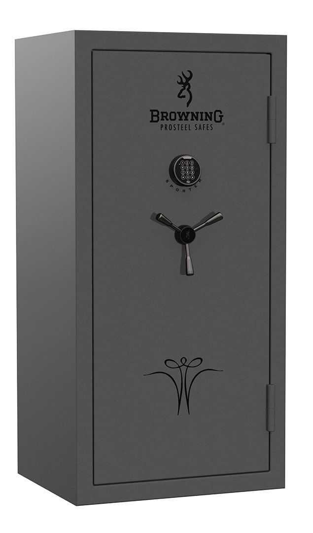 A dark gray Browning gun safe with a dial, handle, and keyhole. It has the Browning logo and decorative flourishes.