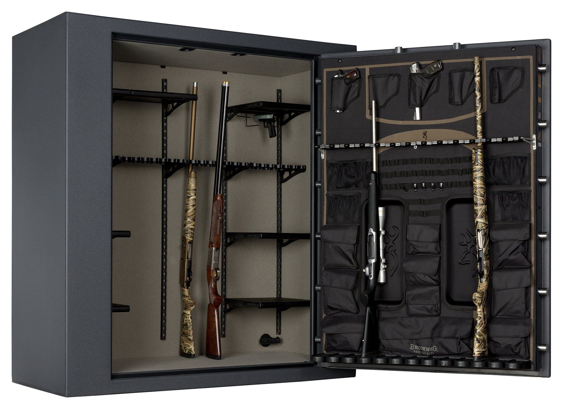 Gun safe with open door, showing rifles and storage shelves.