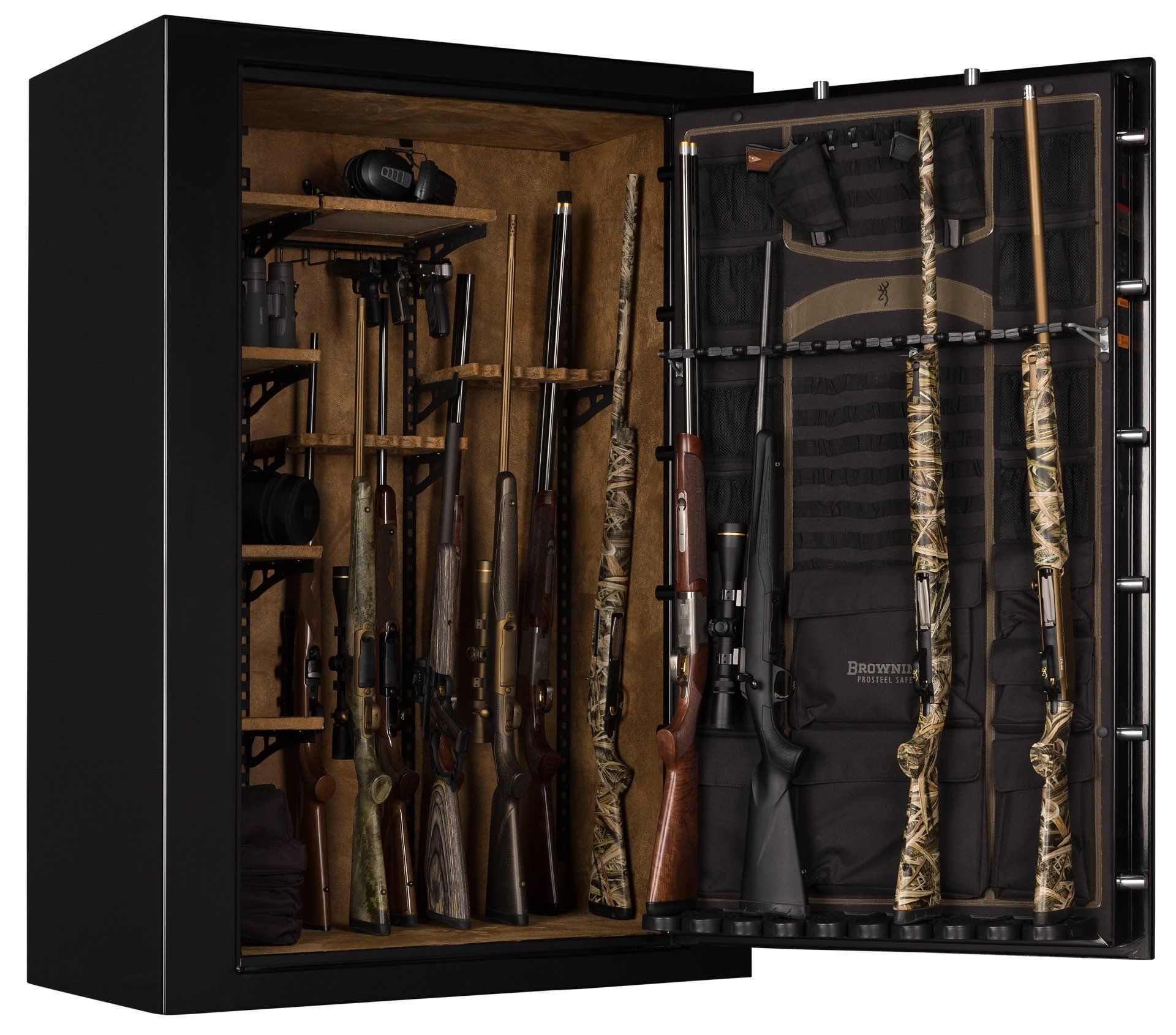 Black gun safe with the door open, revealing various rifles and shelves for storage. The interior is brown and well-lit.