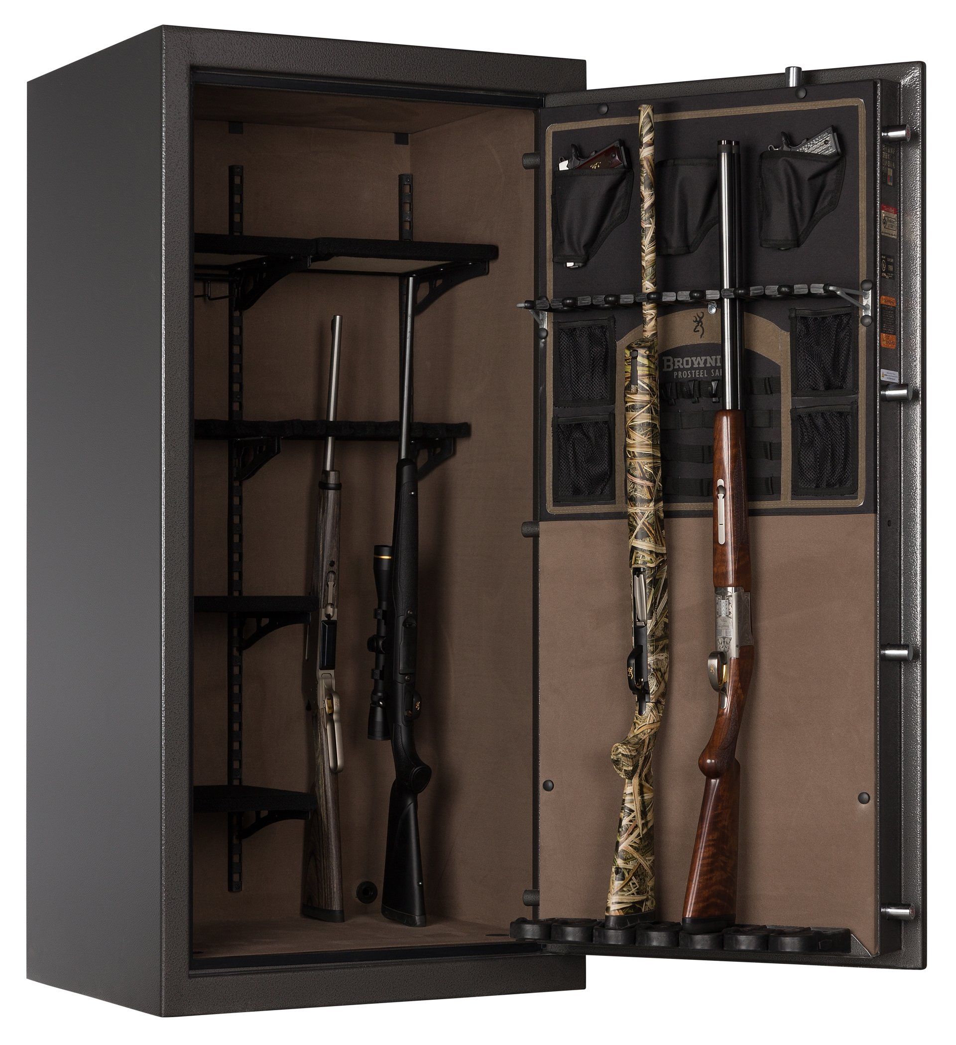 Open gun safe, dark metal exterior, revealing rifles and shelves. Interior has brown fabric and a mounted rifle rack.