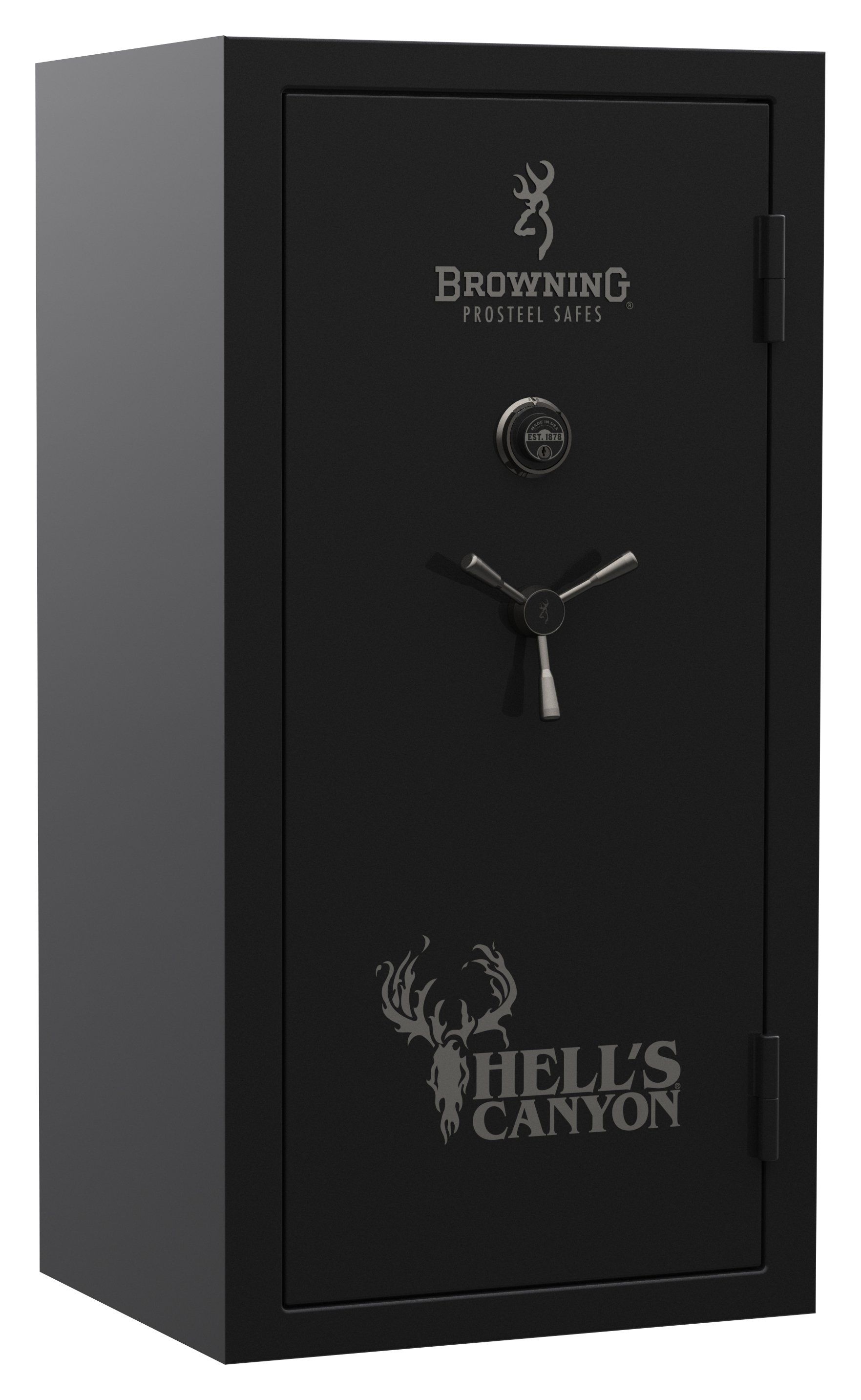Black Browning Hell's Canyon gun safe with a combination lock and deer graphic on the door.
