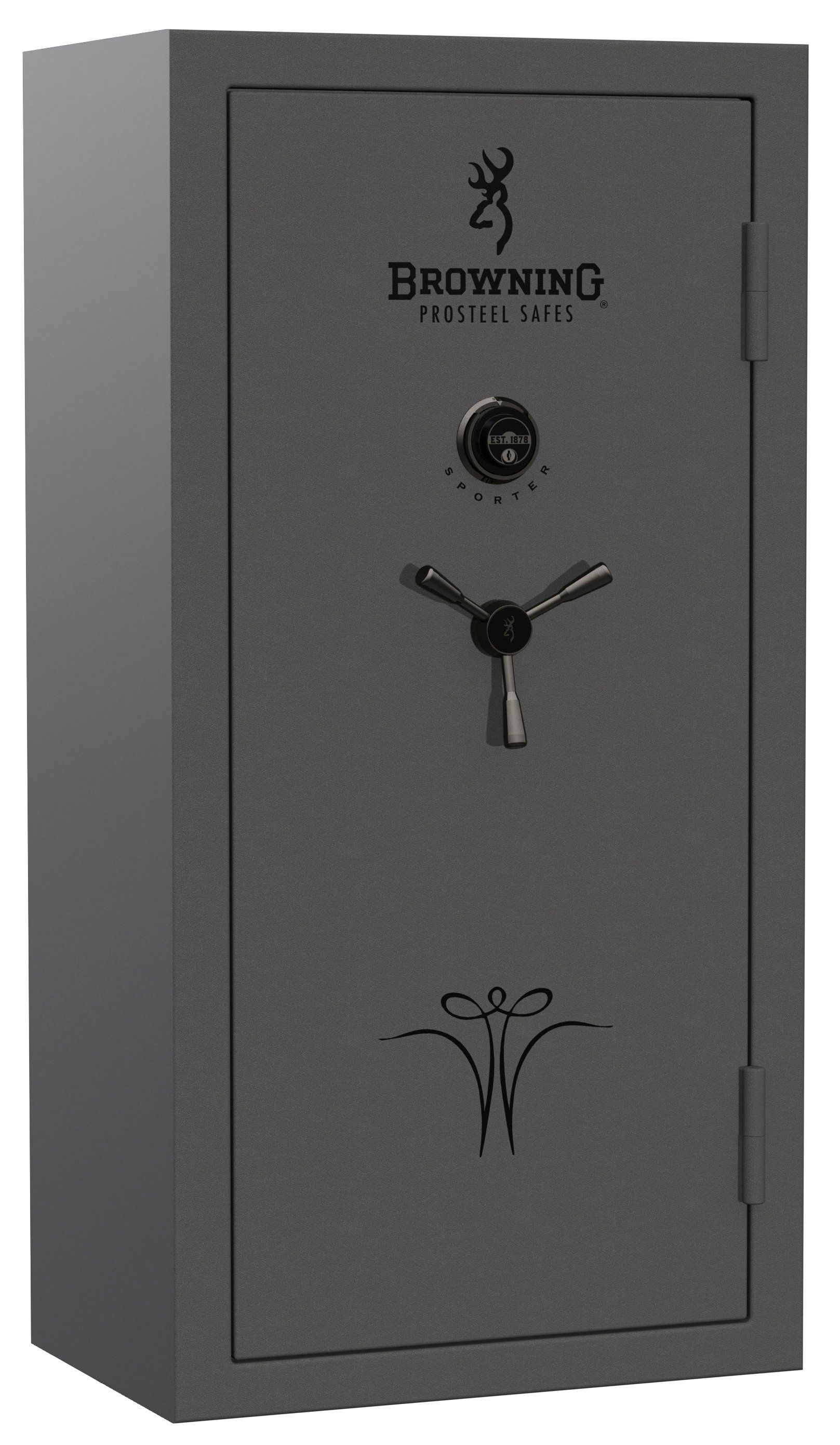 A gray Browning gun safe with a combination lock and handle, set against a plain background.