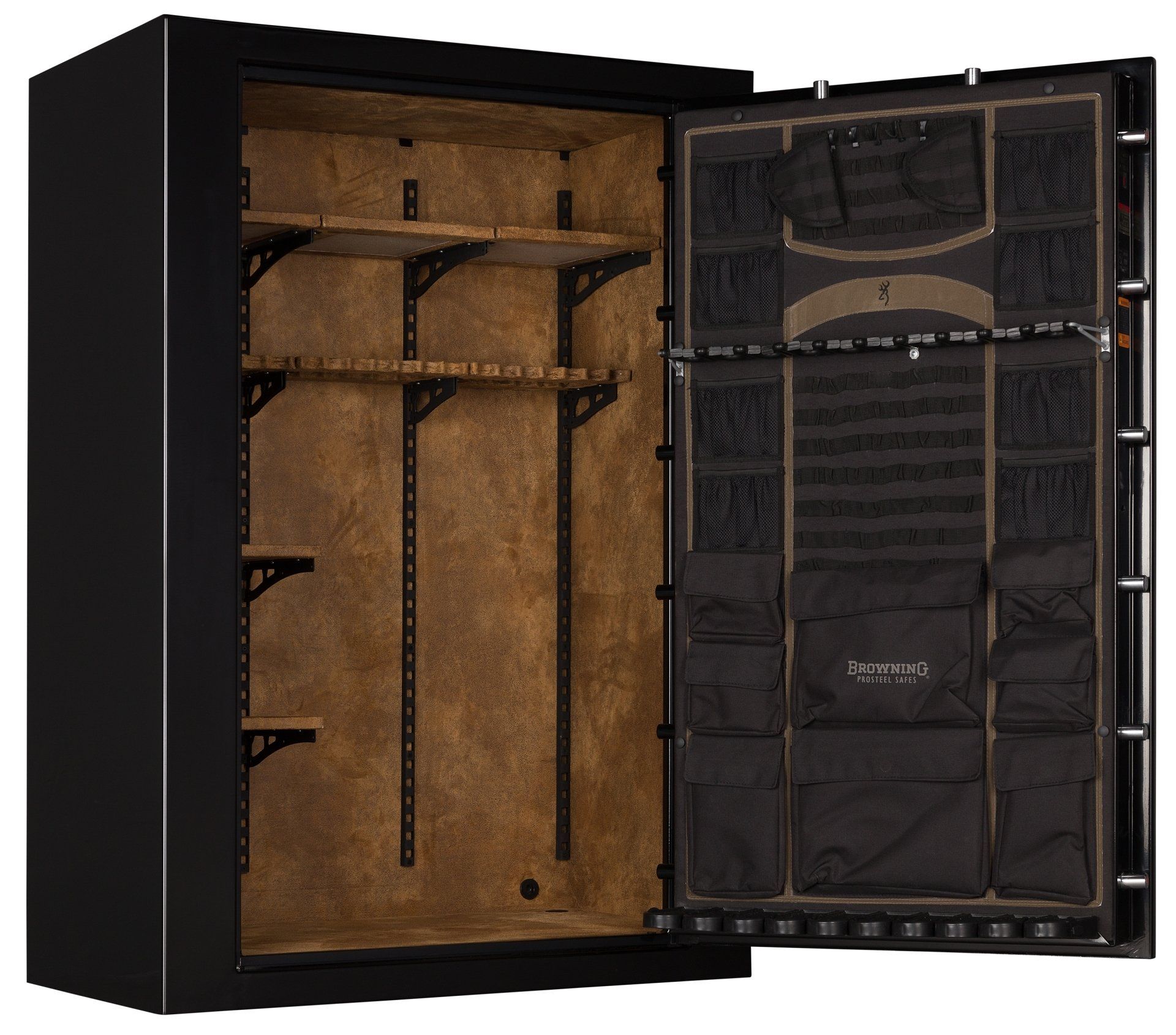 Black gun safe open, revealing shelves and door organizer with black pouches.