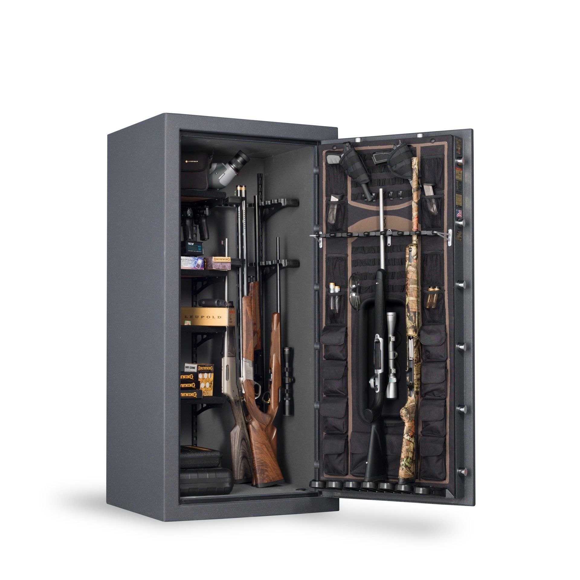 Gun safe with the door open, revealing rifles, ammunition, and other items inside.