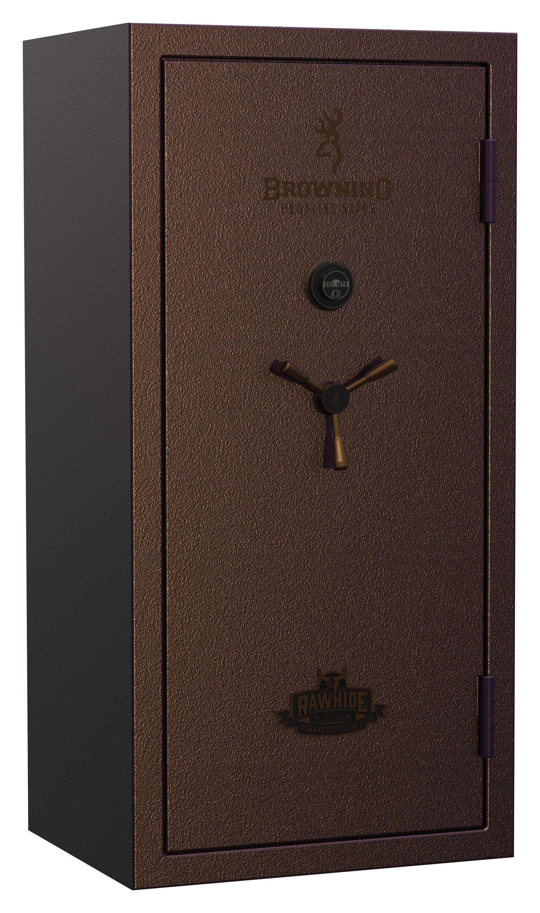 A tall, brown, textured safe with a dial and handle. It has a dark side panel and sits in a brightly lit area.