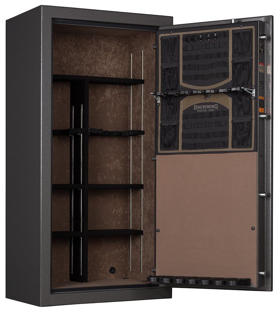 An open, gray gun safe with shelves on the left and door organization on the right. The interior is brown.