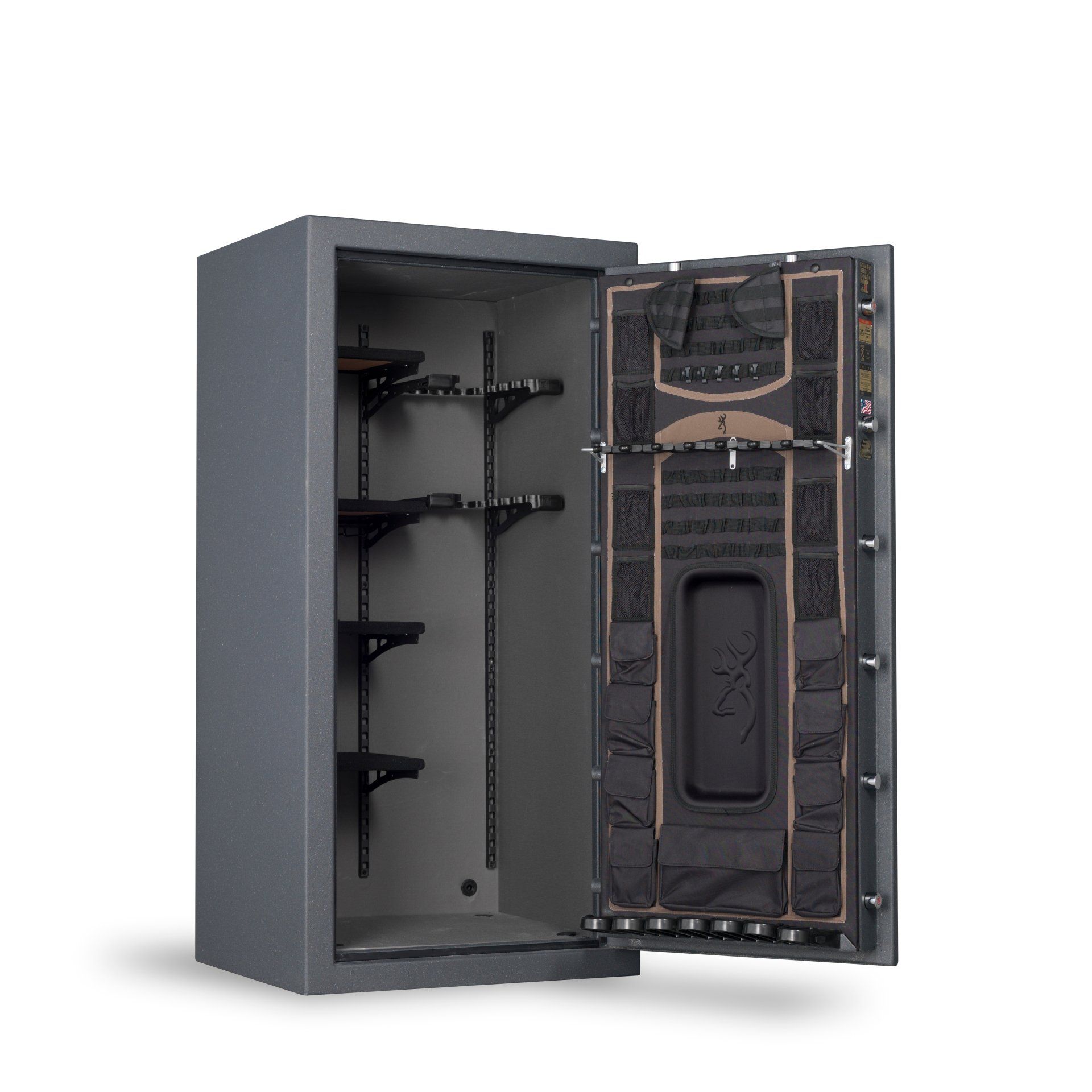 A gray Browning gun safe with the door open, revealing shelves and interior storage.