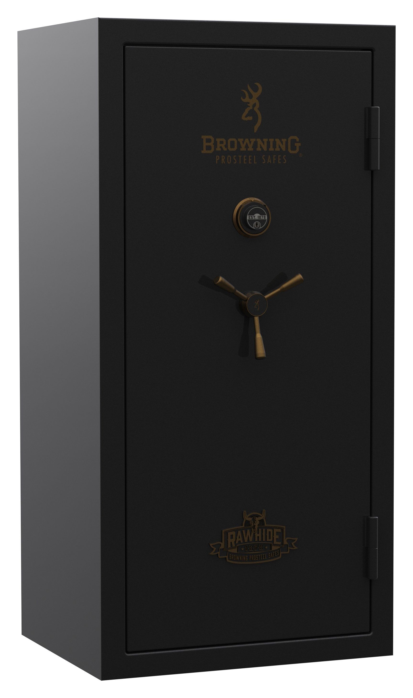 Black Browning gun safe with a combination lock and handle against a neutral background.