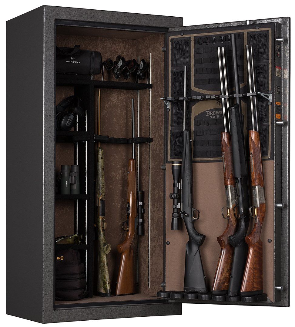 A gun safe with the door open, revealing multiple rifles and accessories, brown interior, gray exterior.
