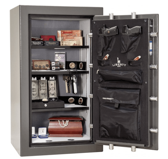 Open gray safe with contents visible: jewelry, money, and firearms in interior door pockets.