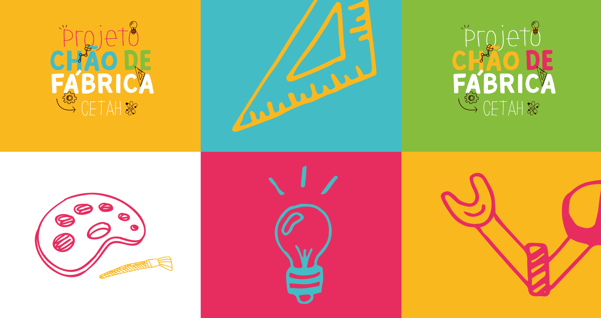 A collage of four colorful images with a light bulb , ruler , palette , and wrench.