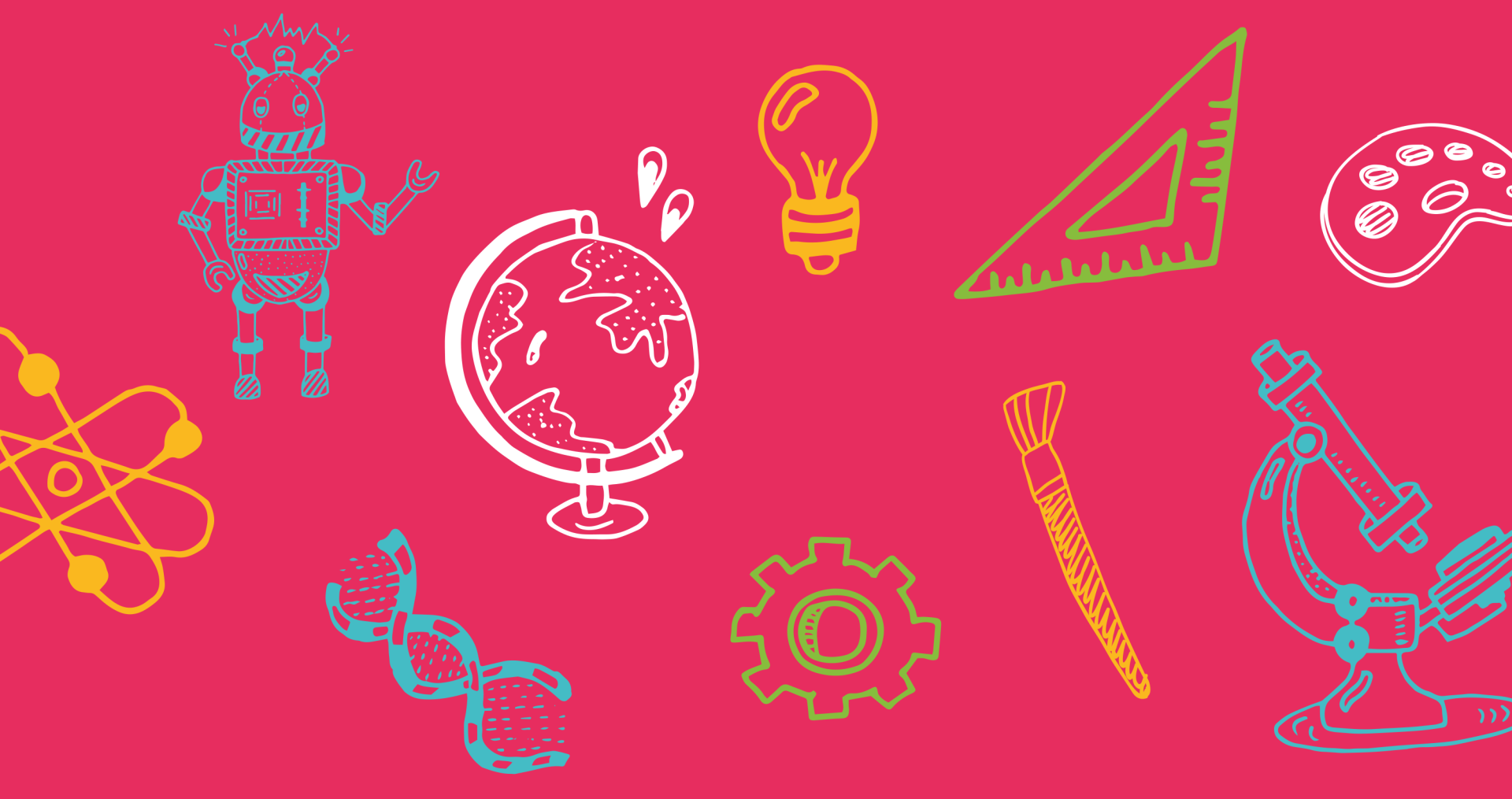 There are many different types of science icons on a pink background.