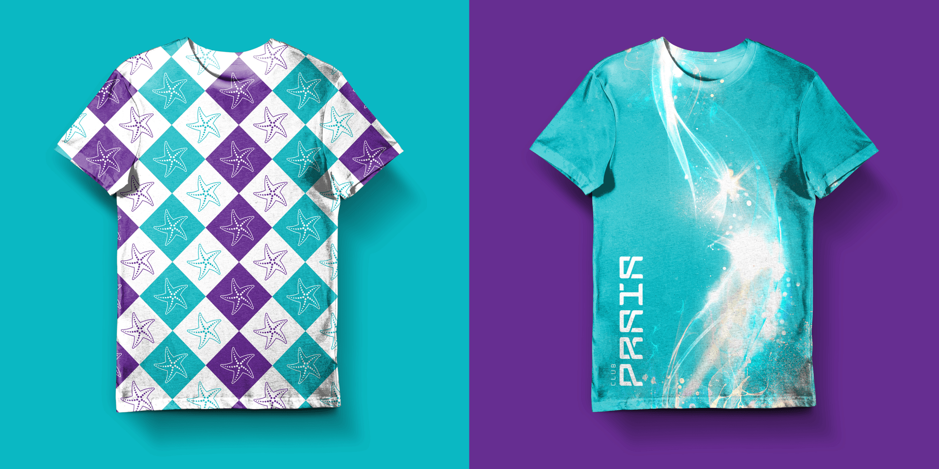Duas camisetas estão próximas uma da outra em um fundo azul e roxo.