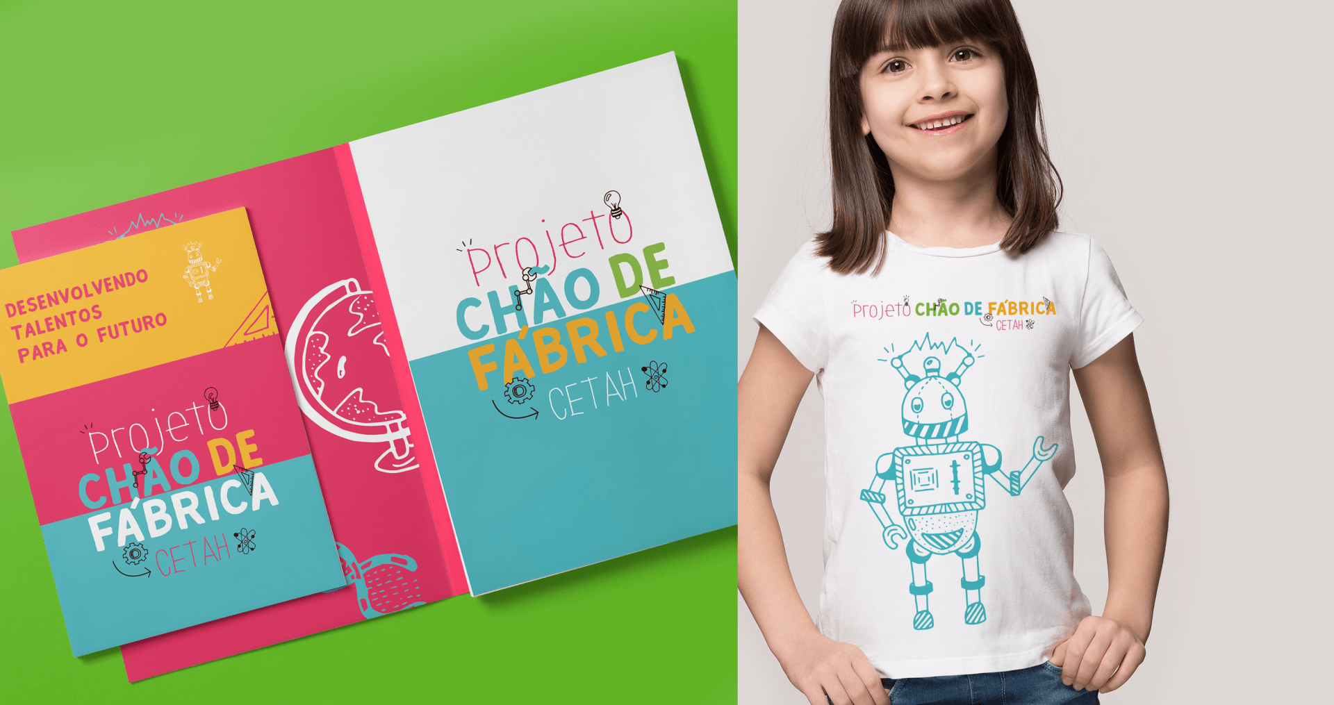 A little girl is wearing a t-shirt with a robot on it.