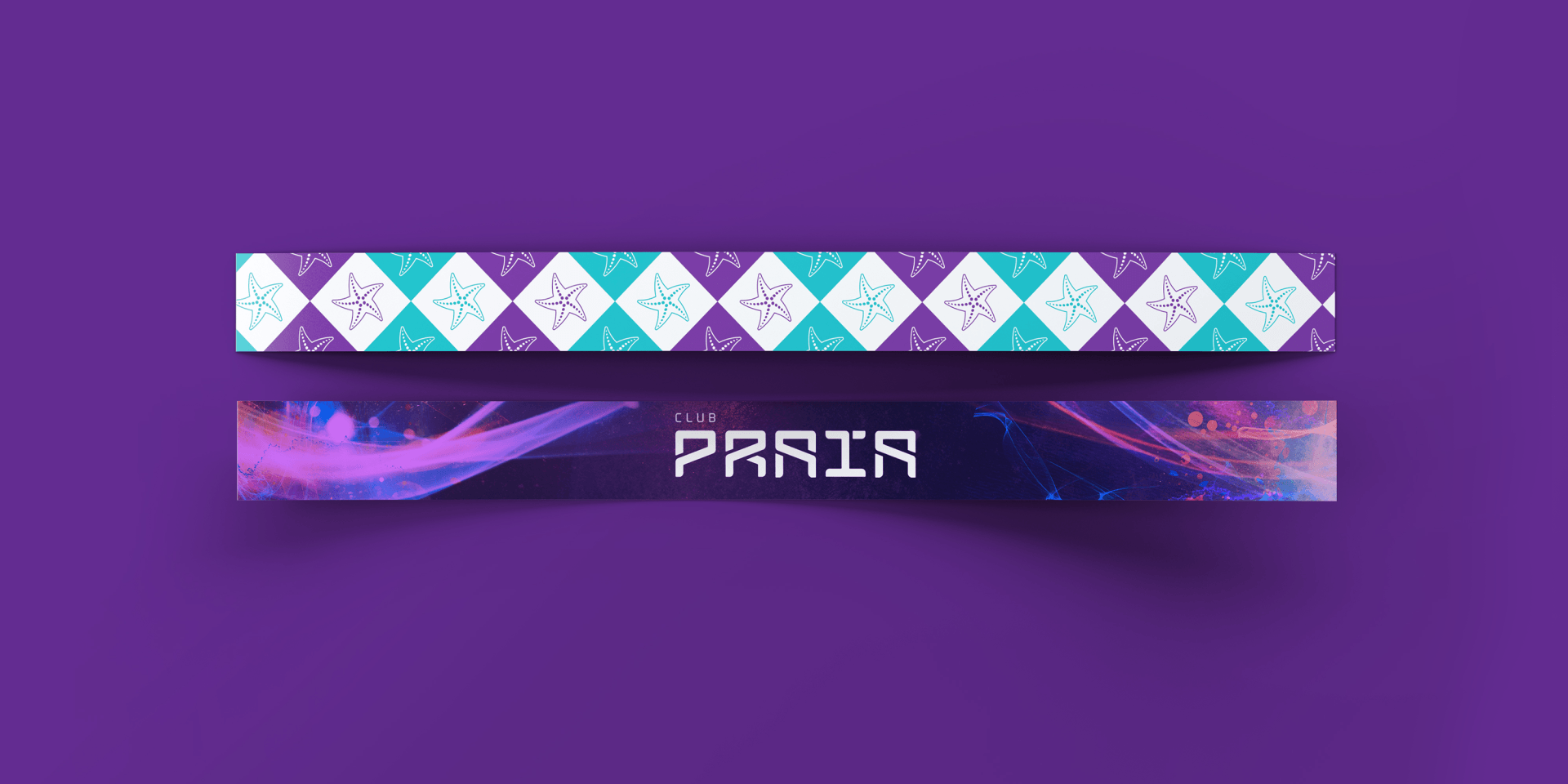 Duas pulseiras estão uma em cima da outra em um fundo roxo.