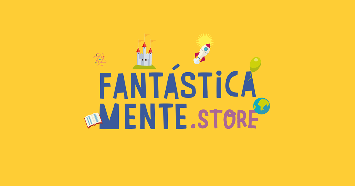 O logotipo da loja fantastica mente está em um fundo amarelo.