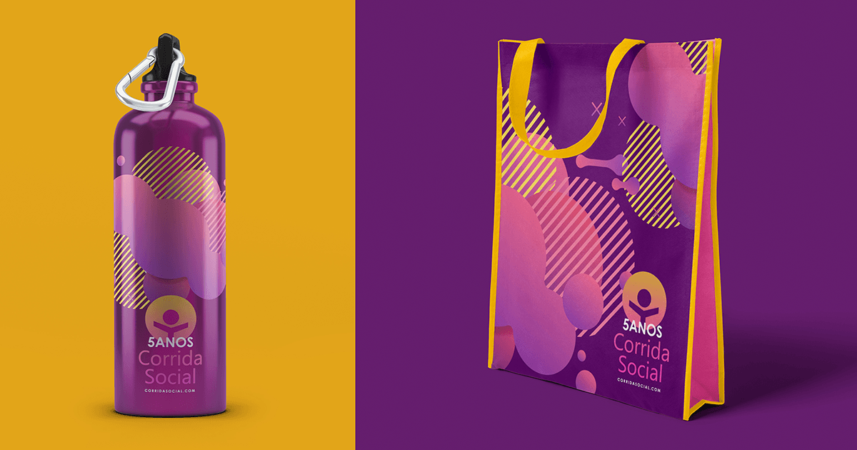 A purple water bottle and a purple bag on a yellow and purple background.