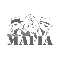 Um logotipo em preto e branco para uma cervejaria da máfia com três homens e uma mulher.