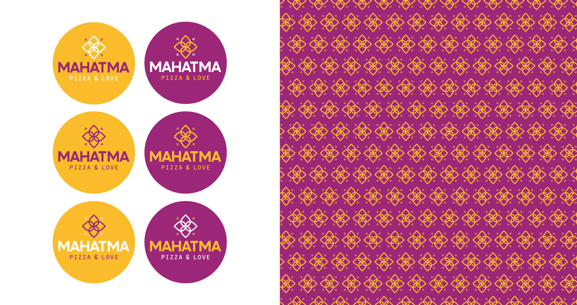 Mahatma Pizzas Um conjunto de adesivos e um padrão perfeito para um restaurante chamado mahatma.