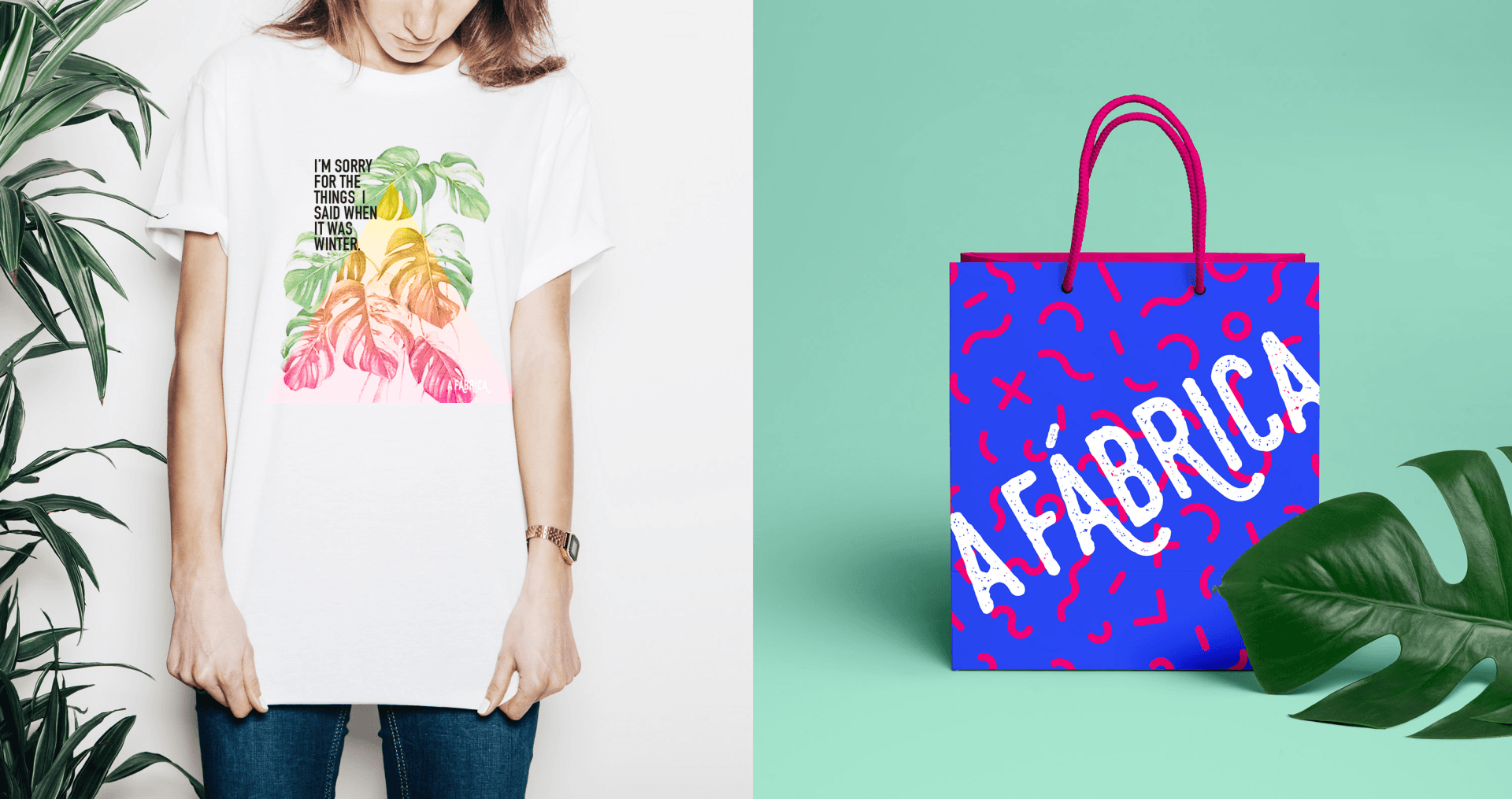 Uma mulher está vestindo uma camiseta branca e uma bolsa azul.