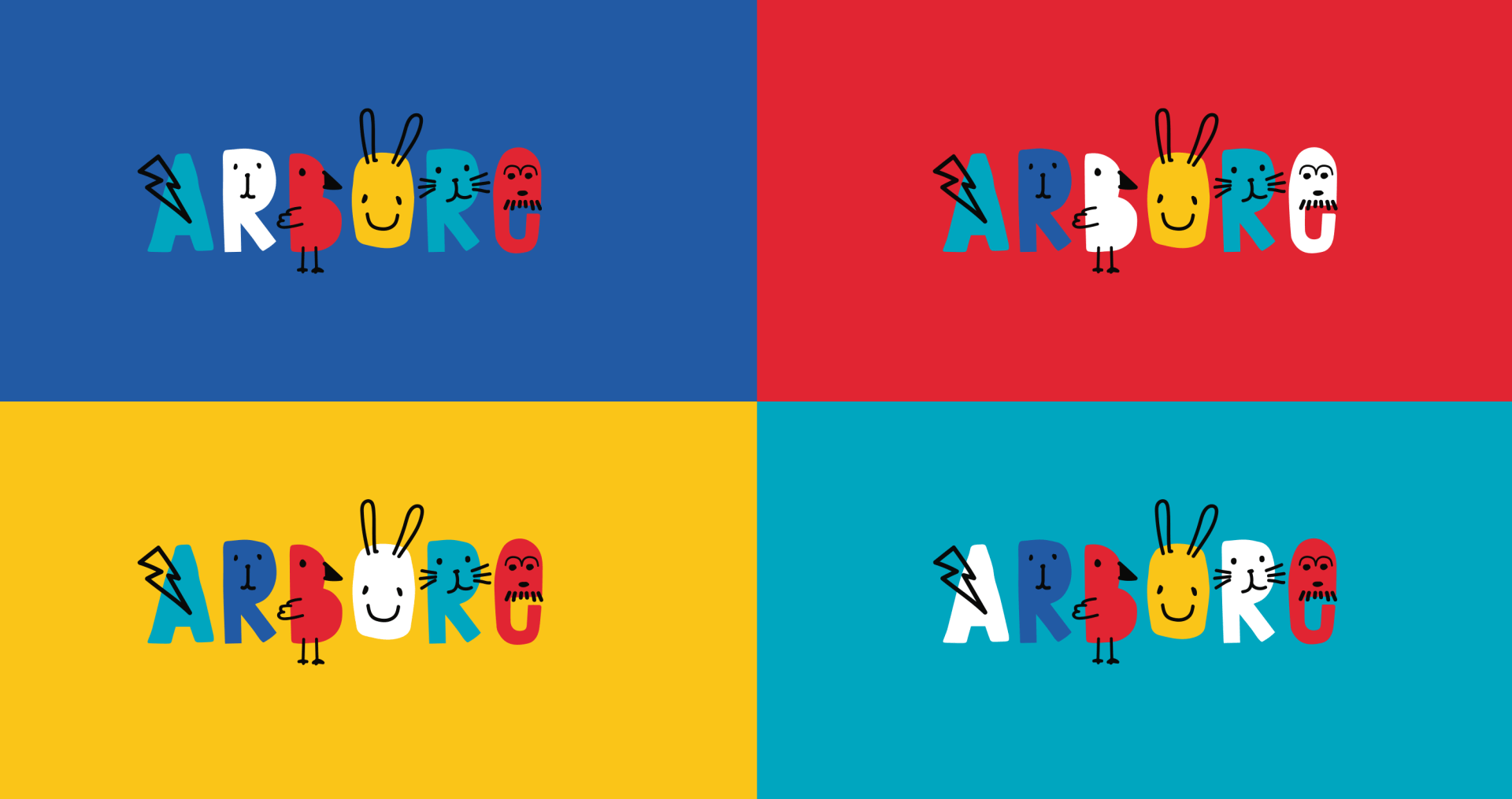 The word arbore is written in different colors with cartoon characters.