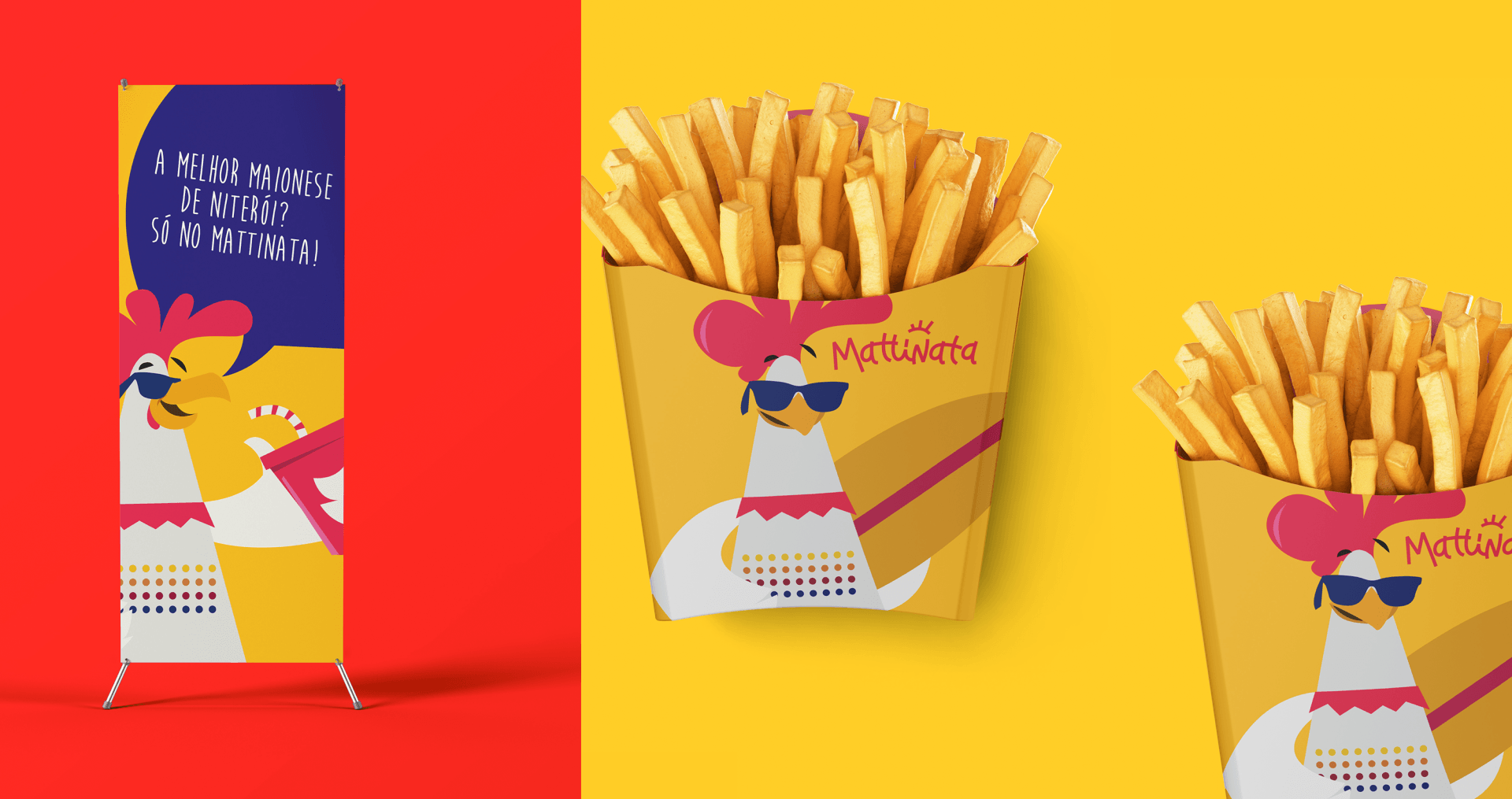 Uma galinha de óculos escuros está na embalagem de batatas fritas.