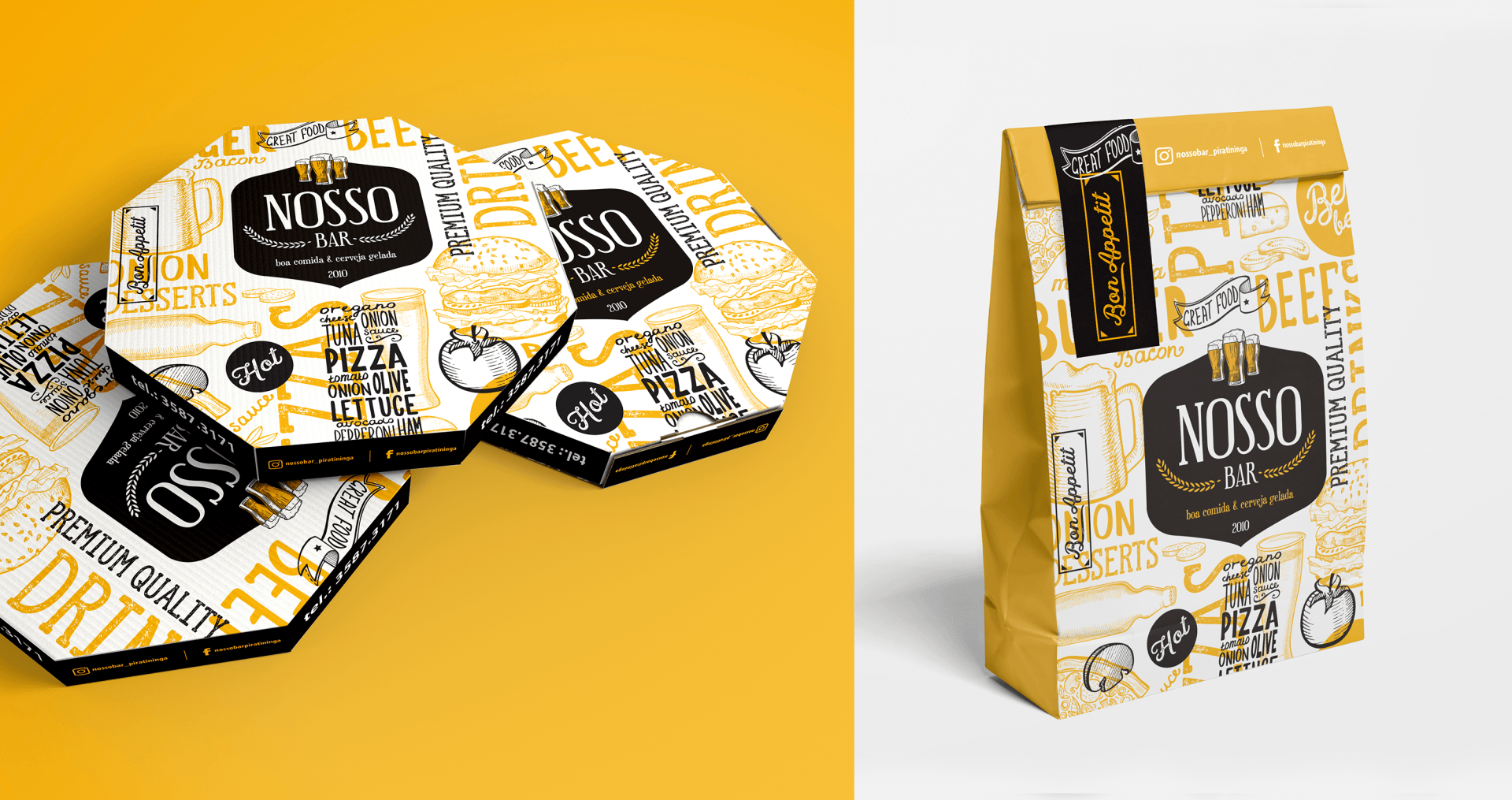 Uma pilha de caixas de pizza e uma sacola em um fundo amarelo.