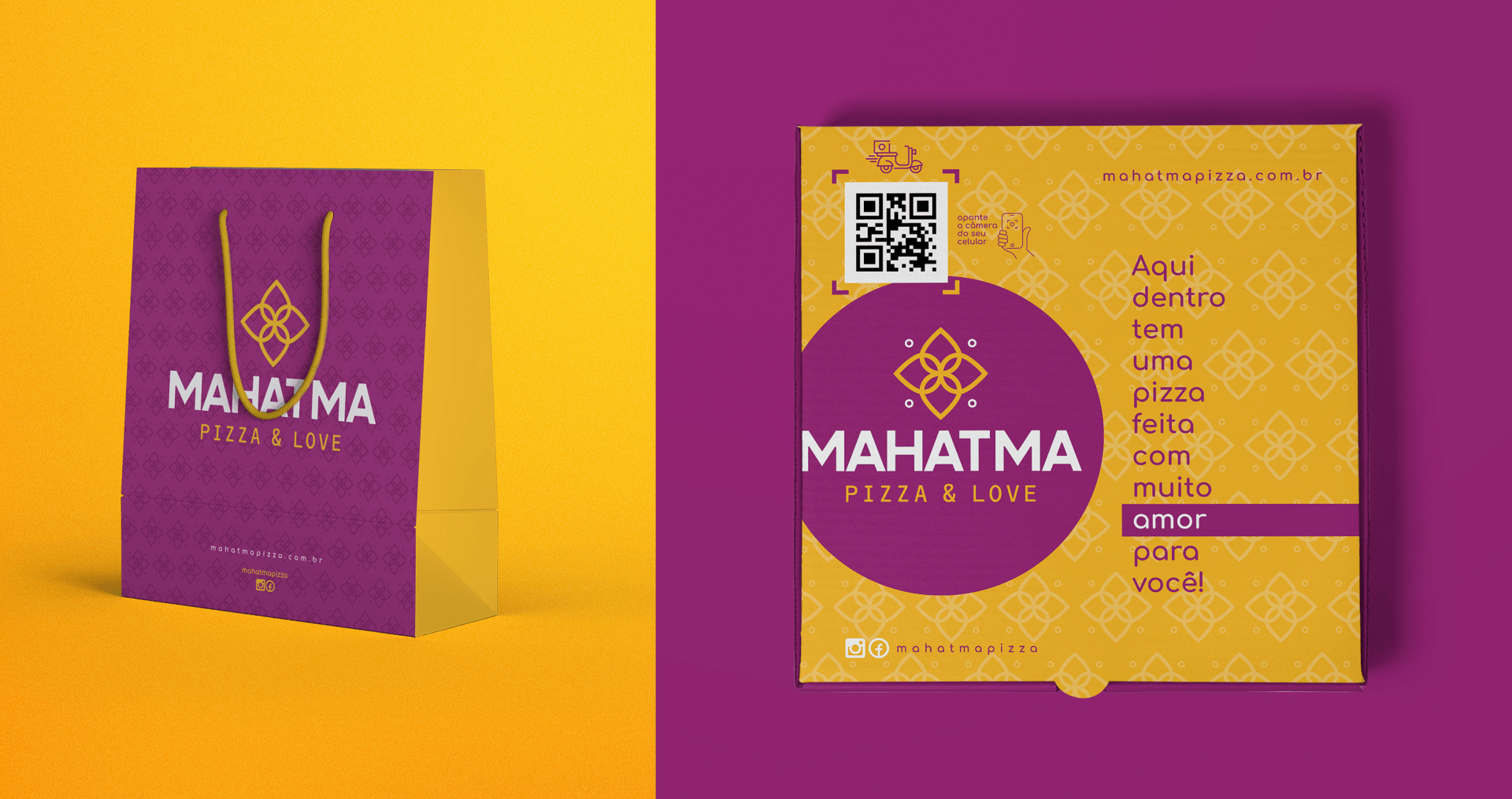 Mahatma Pizzas Uma bolsa roxa e uma caixa amarela estão sobre um fundo amarelo e roxo.