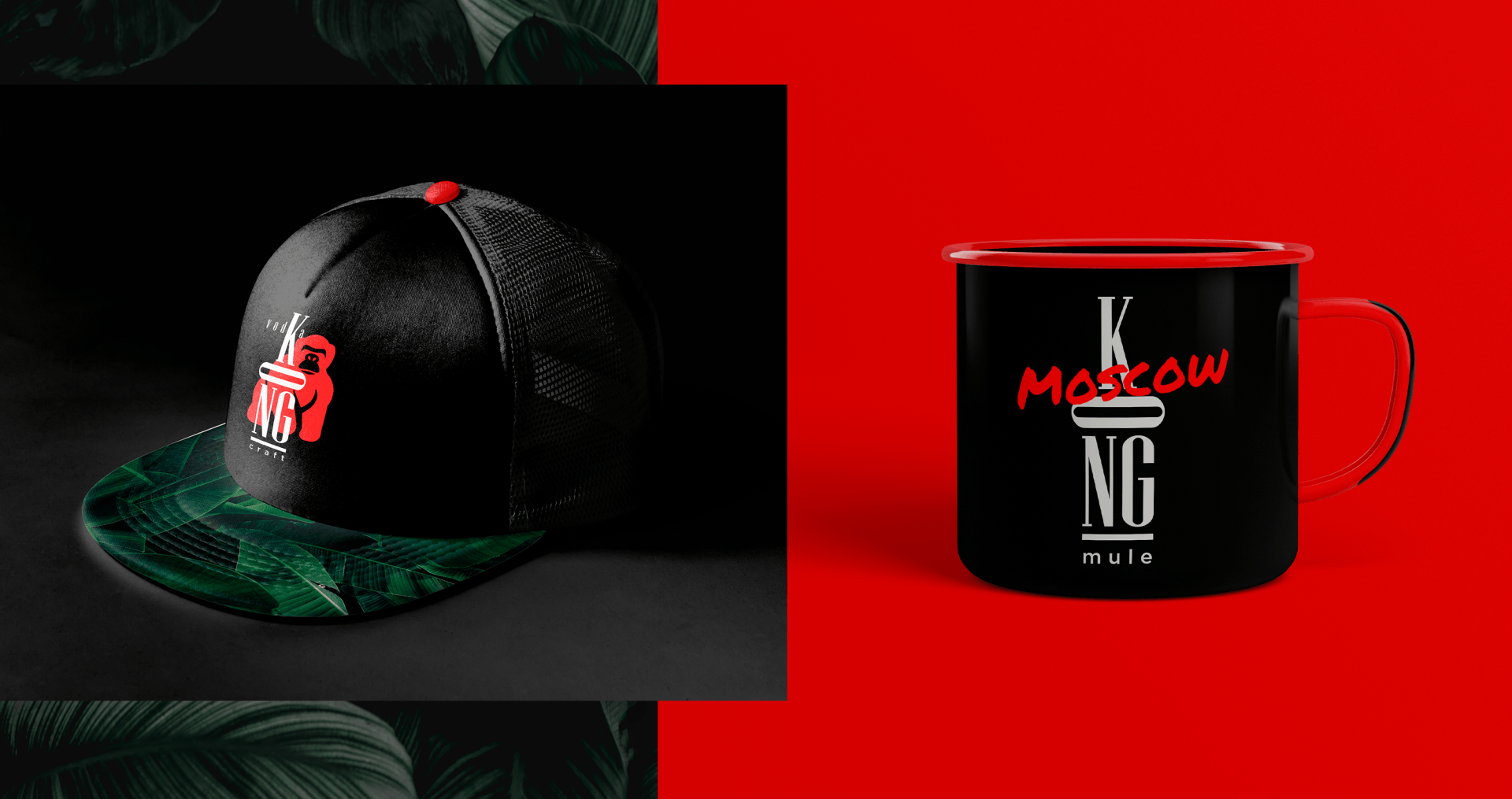 Um chapéu e uma caneca estão sentados um ao lado do outro em um fundo vermelho.