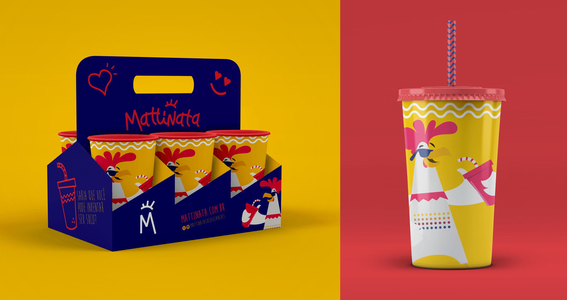 Uma caixa de frango e uma xícara com canudo sobre fundo amarelo e vermelho.