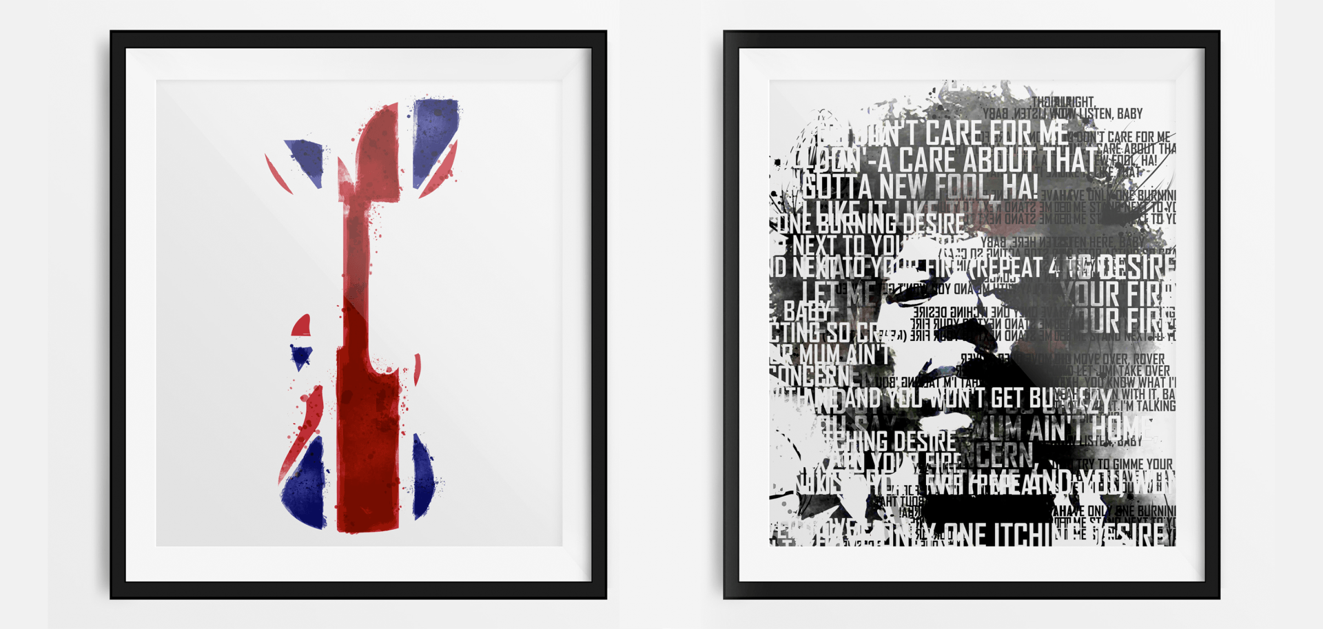 Two framed posters are hanging on a white wall . one of the posters has a british flag on it.