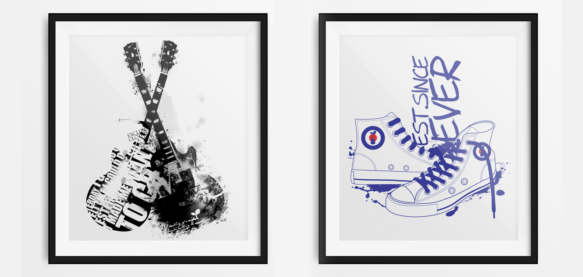 Two framed pictures of a guitar and a fish are hanging on a wall.