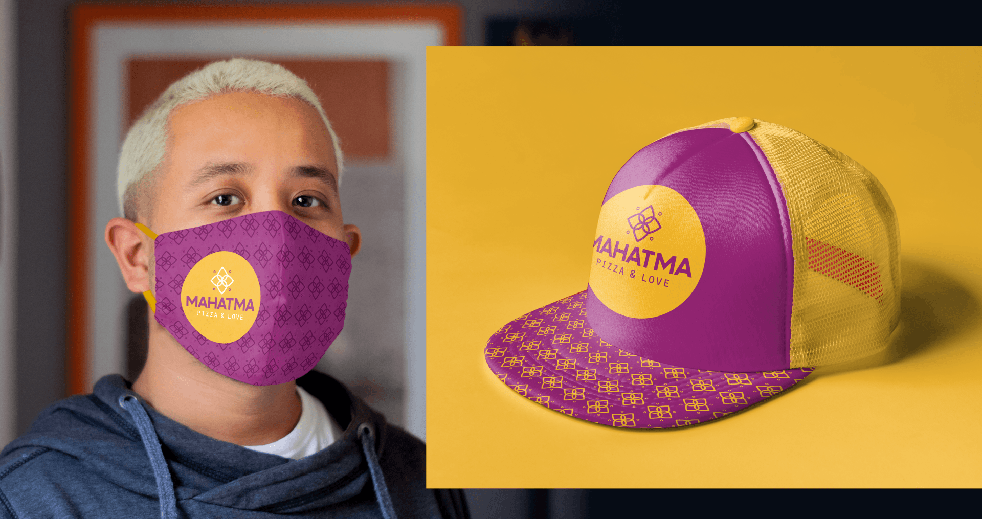 Mahatma Pizzas Um homem usando uma máscara roxa e um chapéu roxo.