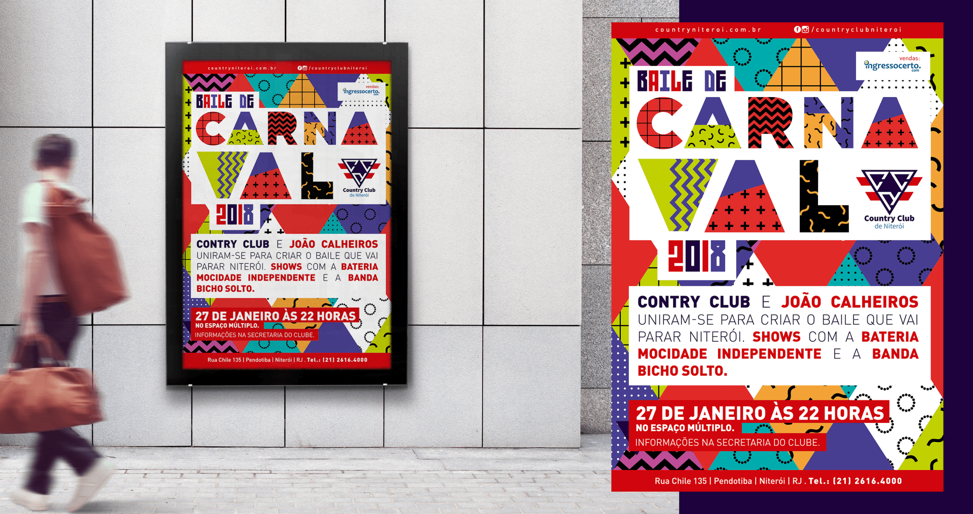 Um cartaz colorido do carnaval 2018 está pendurado na parede