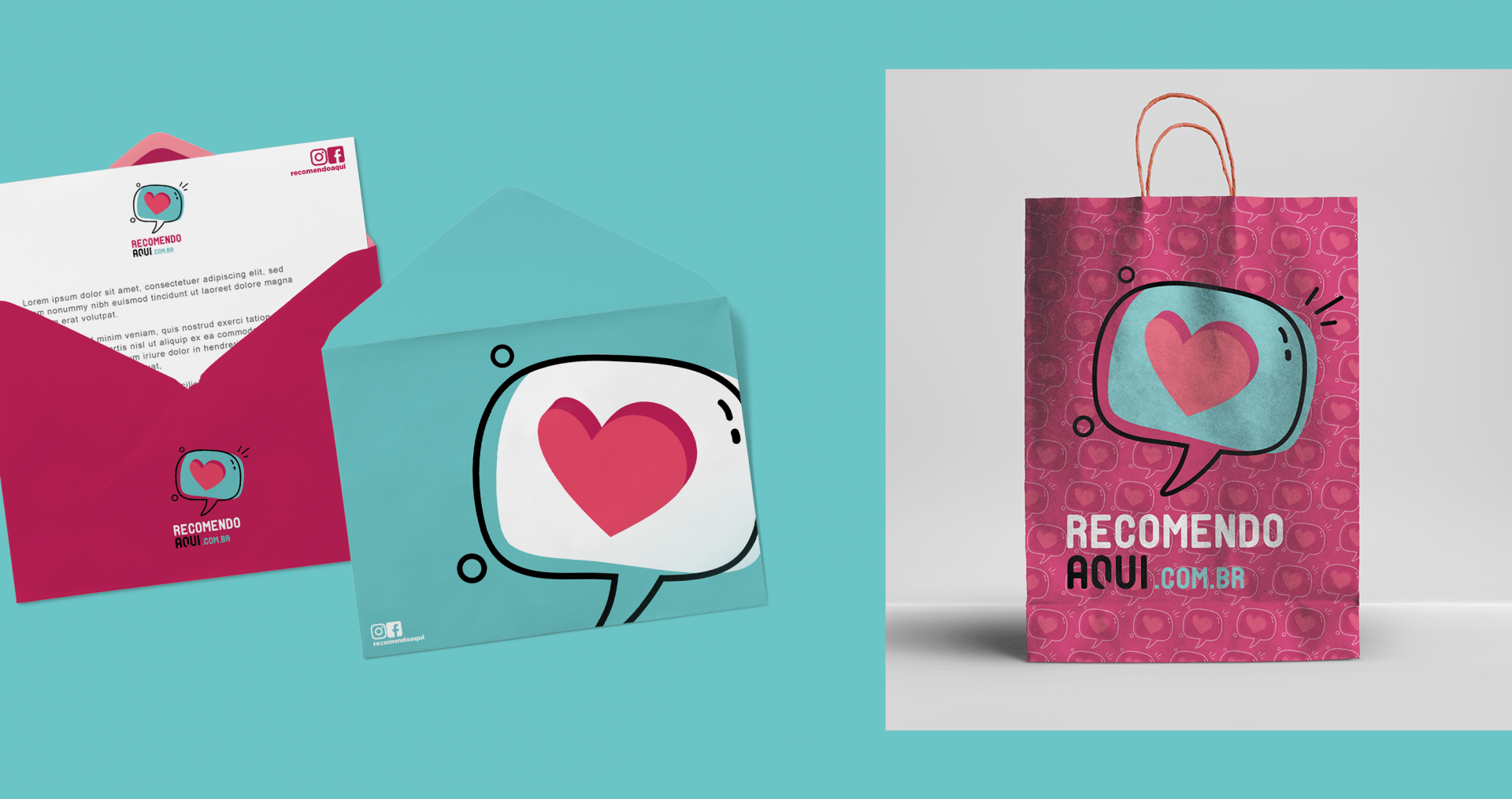 Uma bolsa rosa com um coração em um balão ao lado de um envelope.