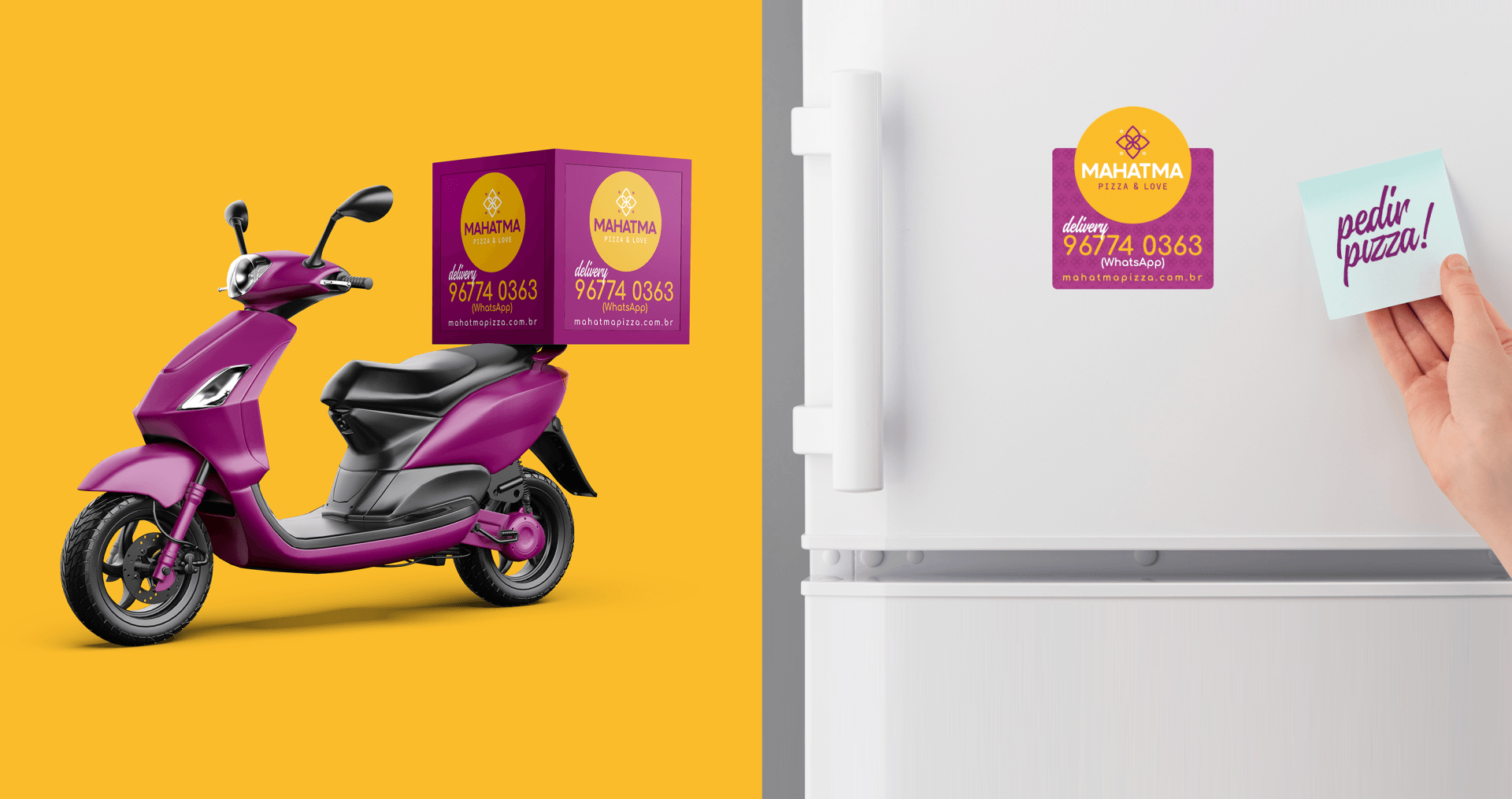 Mahatma Pizzas Uma scooter roxa está estacionada ao lado de uma geladeira branca.